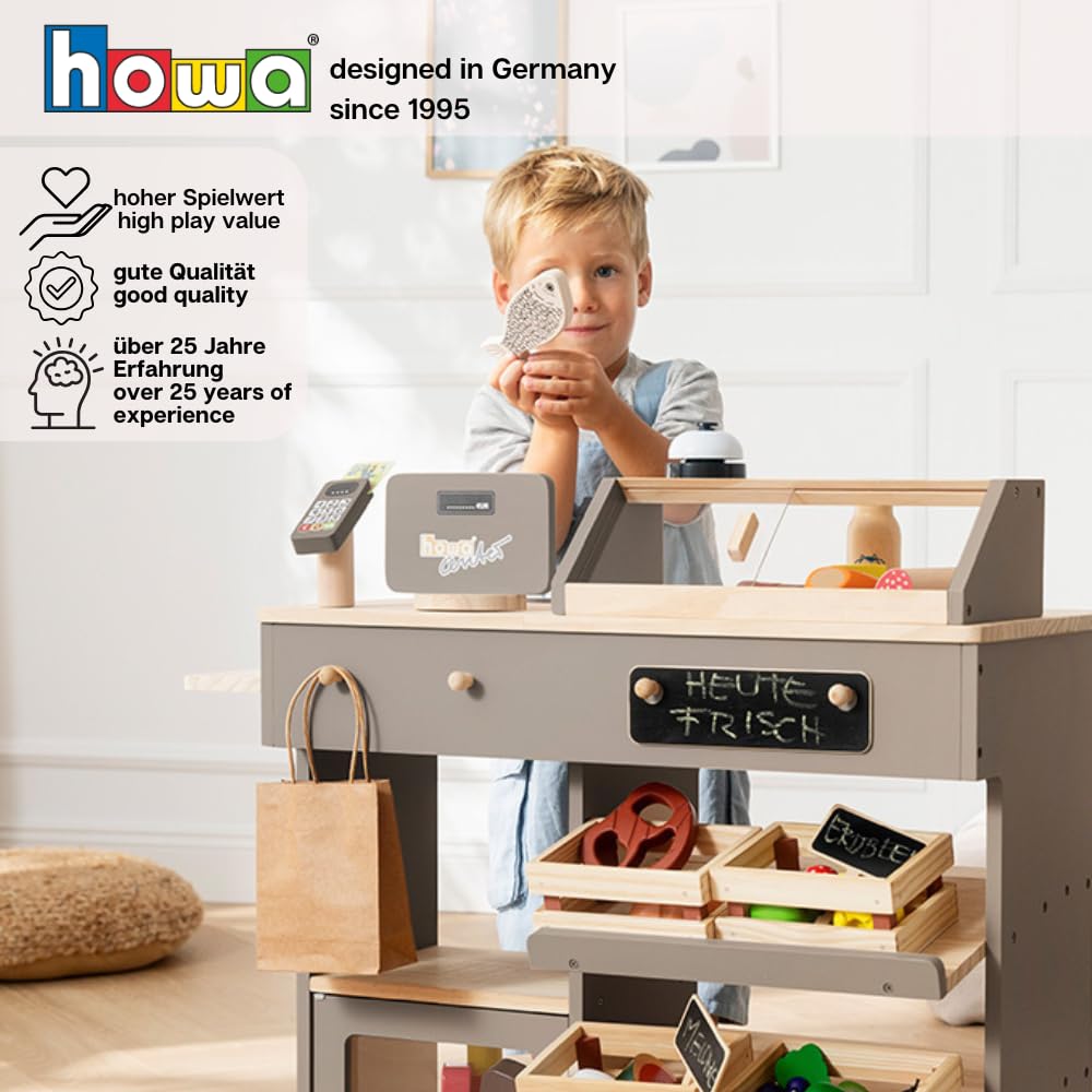 howa Kaufladen Kaufmannsladen aus Holz Kinderkaufladen mit Spielkasse 4755 | Holzspielzeug Kaufladenspielzeug mit Spielkasse und Spielzeugkartenleser, Tafel für Kreide, Vitrine, Klingel natur / taupe