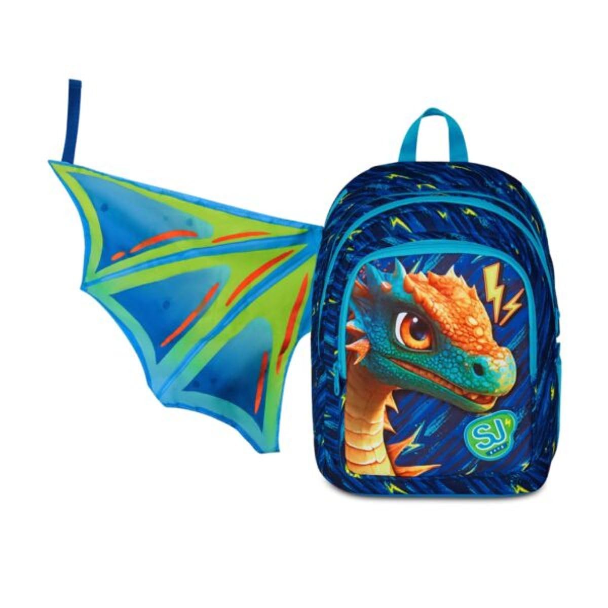 Zaino Scuola Sj Boy Dragon Glide Drago alato estensibile By Seven per elementare Bambino + Astuccio 3 piani + 7 penne a scatto e portachiave pailettes