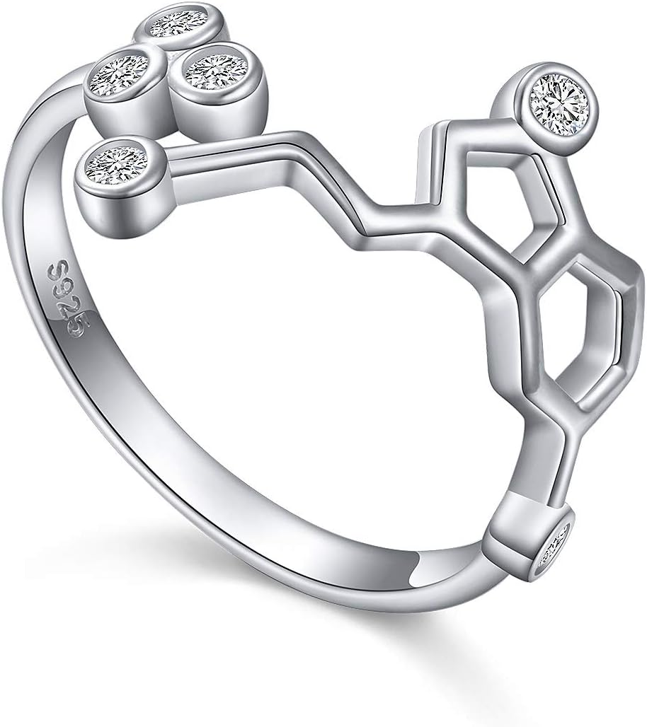 925 Sterling Silver Serotonin Ring Molecule Adjustable Stacking Chemistry Jewelry Gift for Women Adults Science Lovers