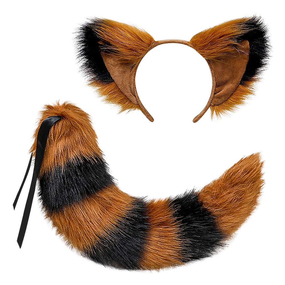 XINCHIA Faux Fur Fox Cat Ears Headband Tail Set Fluffy Wolf Fox Cosplay Costume Hair Hoop Long Tail Kit Animal Dress Up Fancy Dress Hairband Accessories Halloween Role Play Party Costume for Adults