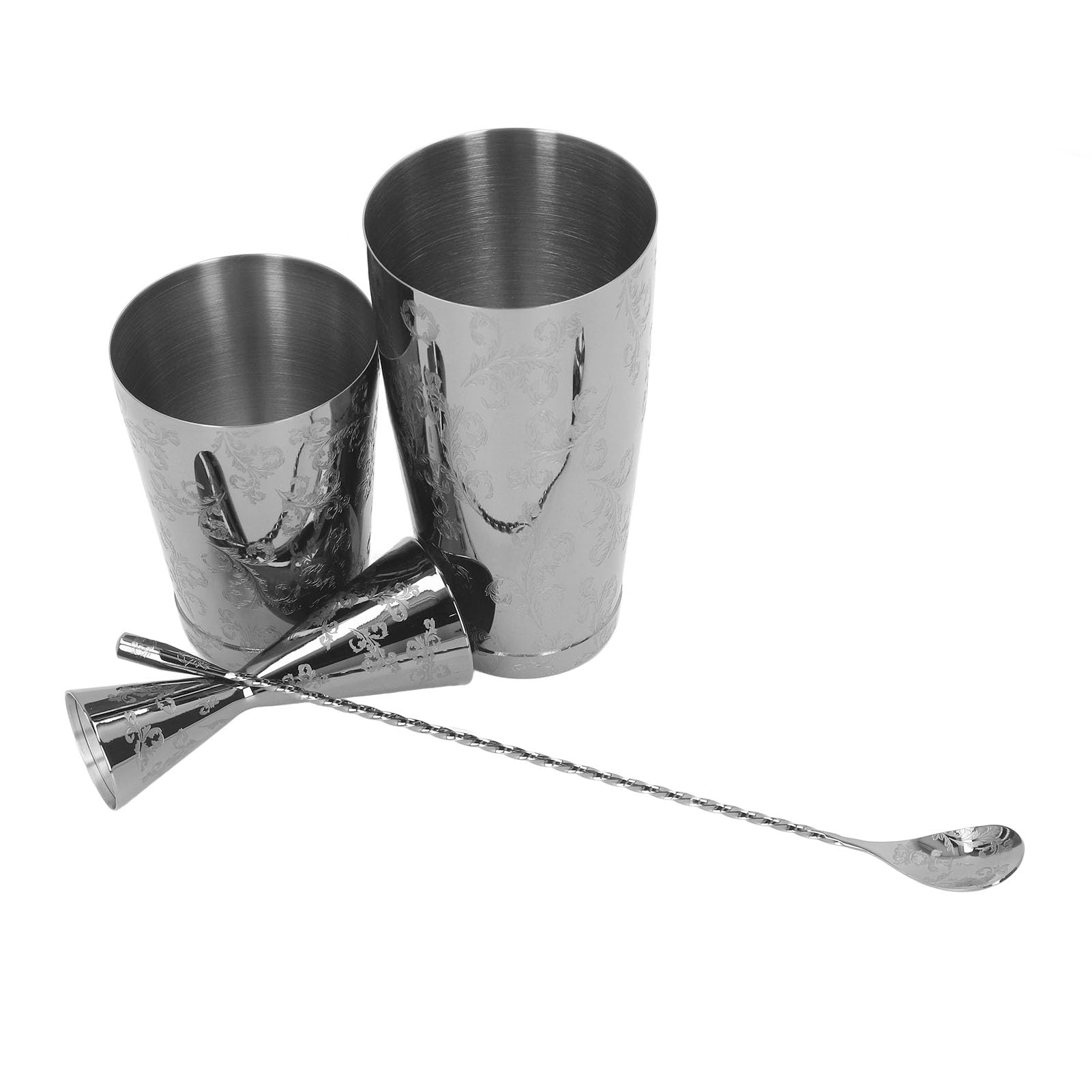 Juego de coctelera Boston de 4 piezas, kit profesional para barman, colador de cócteles con estampado vintage de acero inoxidable herramienta de barra coctelera para bebidas mixtas (B)