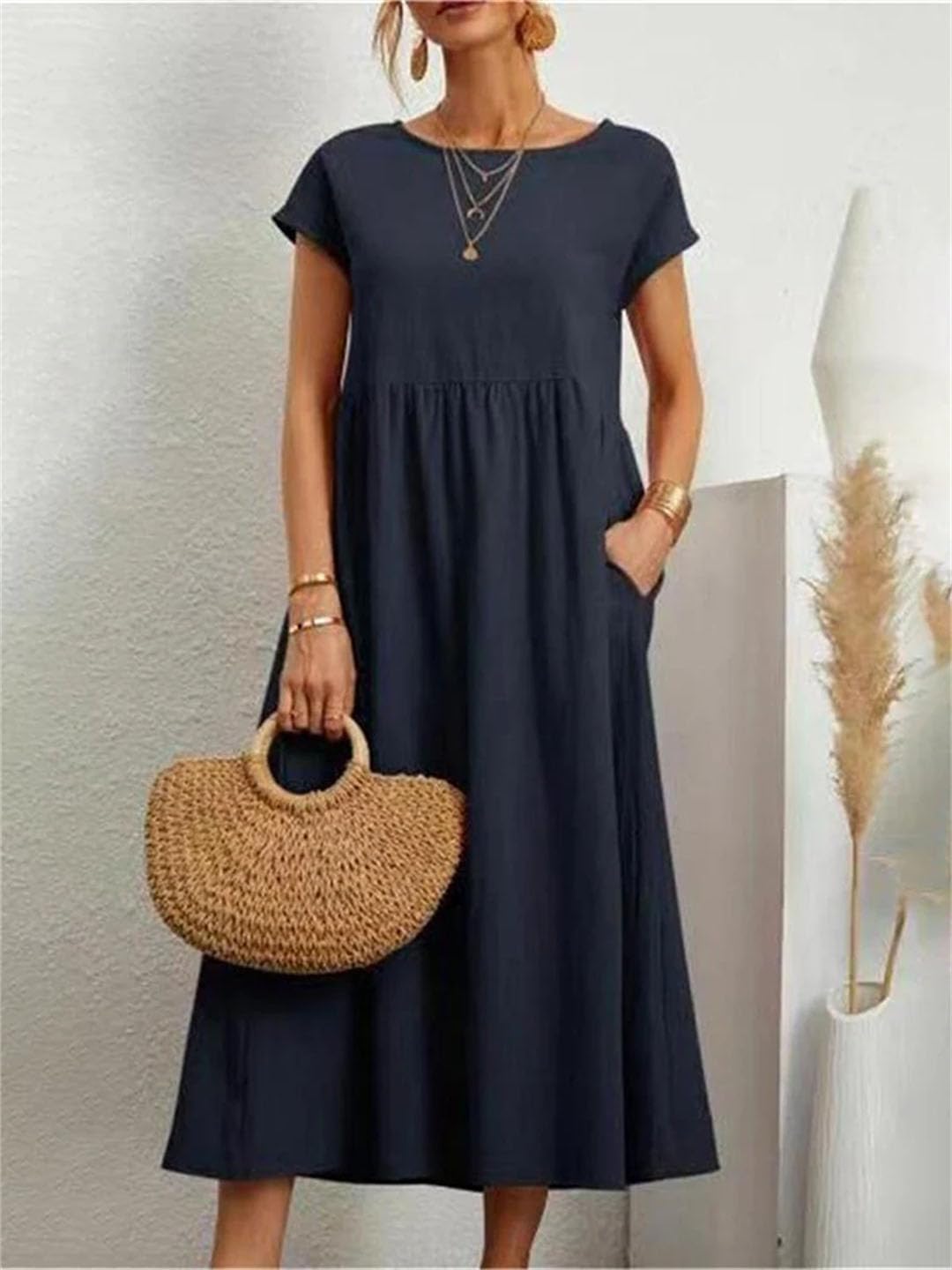 Elegancka sukienka damska z krótkim rękawem, okrągły dekolt, vintage, Harajuku, bawełna, len, luźne kieszenie, długa sukienka