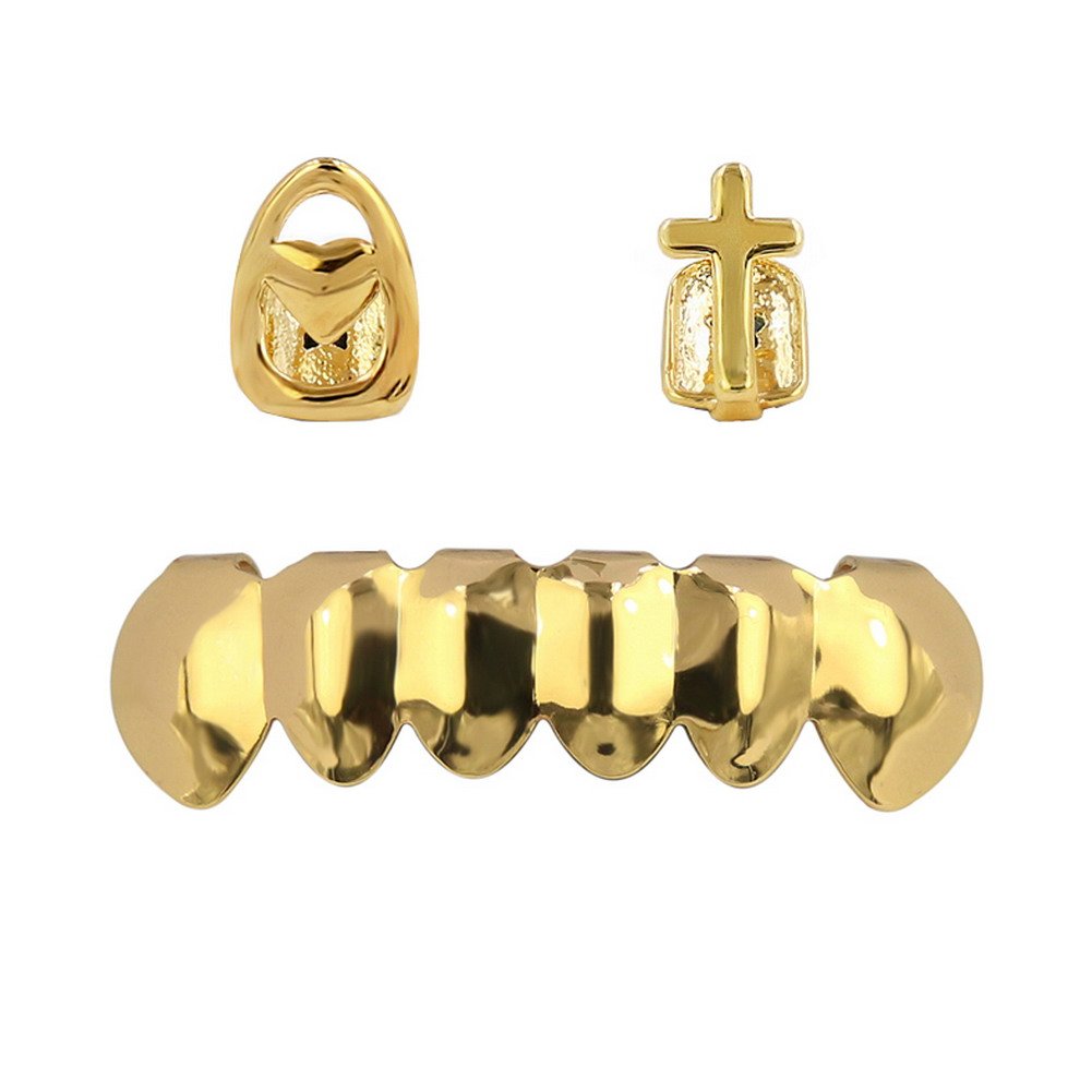 TOPGRILLZ Hip Hop Gold Plated 2pcs Single Top and Bottom Teeth Grillz for Men