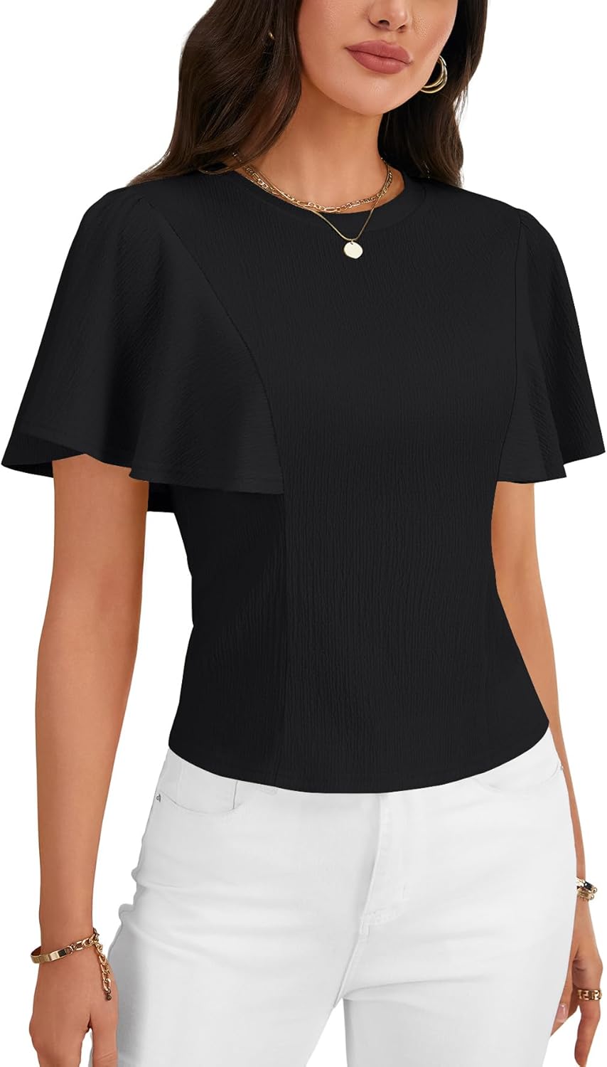 LYANER Women's Crewneck Ruffle Short Sleeve Ruched Slim Fit Work Office Blouses Tops - Image 4