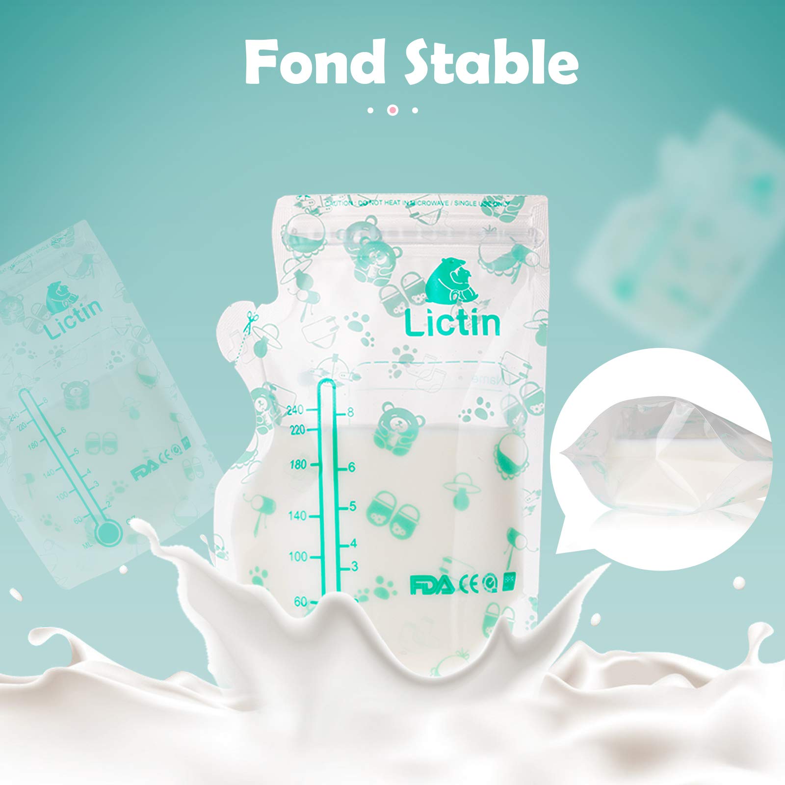 Lictin Conservation Lait Maternel 120Pcs - 240ML Sachet Conservation Lait Maternelle Pré-stérilisés, Épaissir Double Fermeture Glissière Sachet Lait Maternel, Bec Verseur Intégré