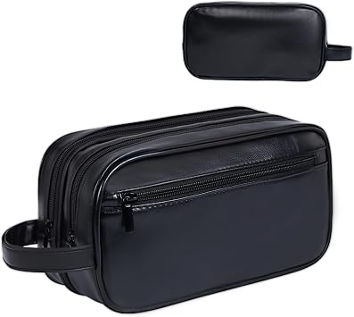Mens travel toiletry bag Gift For Men, PU Leather Cosmetic Bag Water Resistant Dopp Kit Shaving Pouch Bathroom Toiletries OrganizerBlack