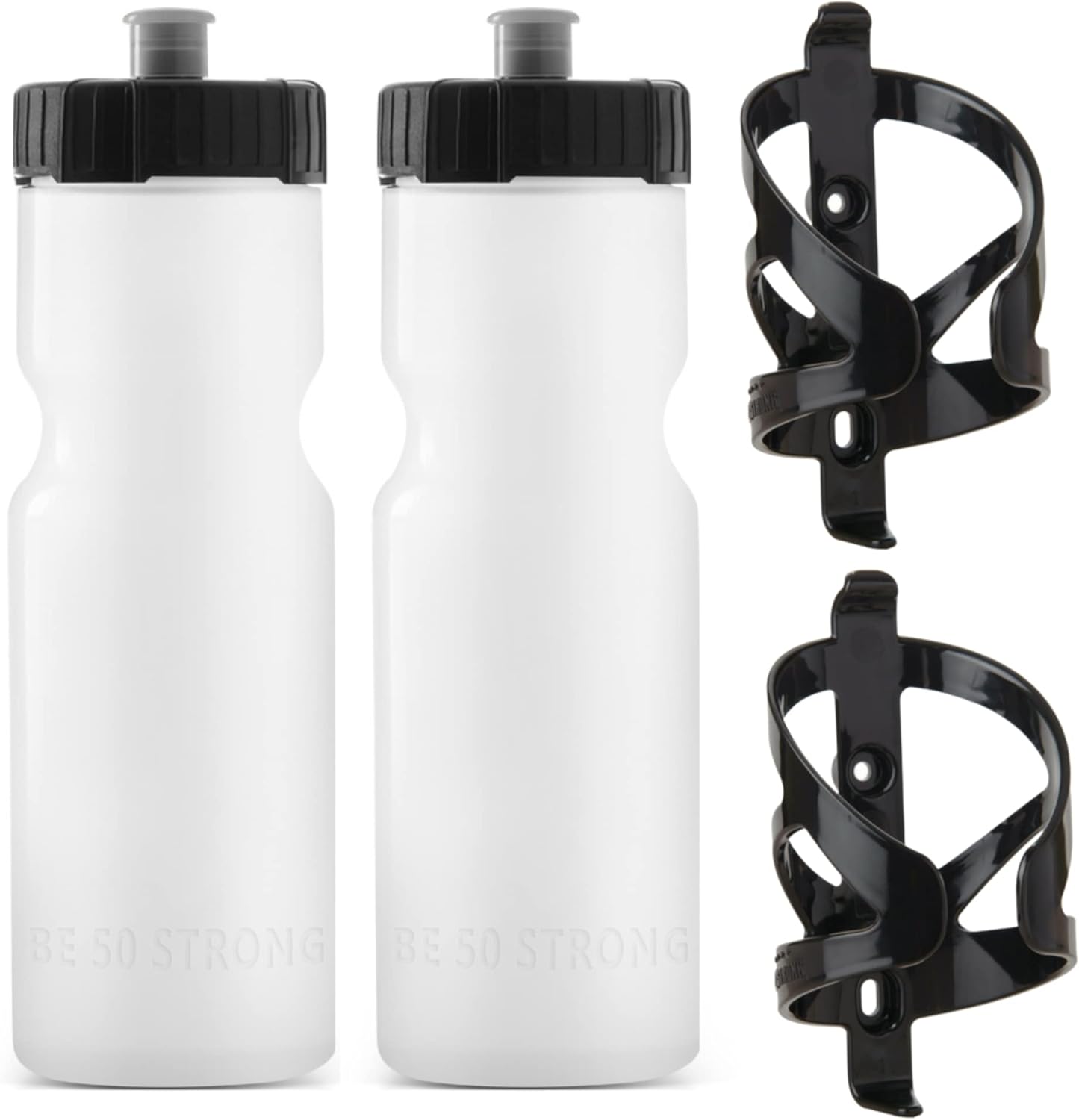 Bike Water Bottle Holder & Bottle Combo – 2-Pack 22 oz Sports Squeeze Bottles with Pull Top Cap & Easy-Install Bike Cage – Made in USA – 50 Strong Brand