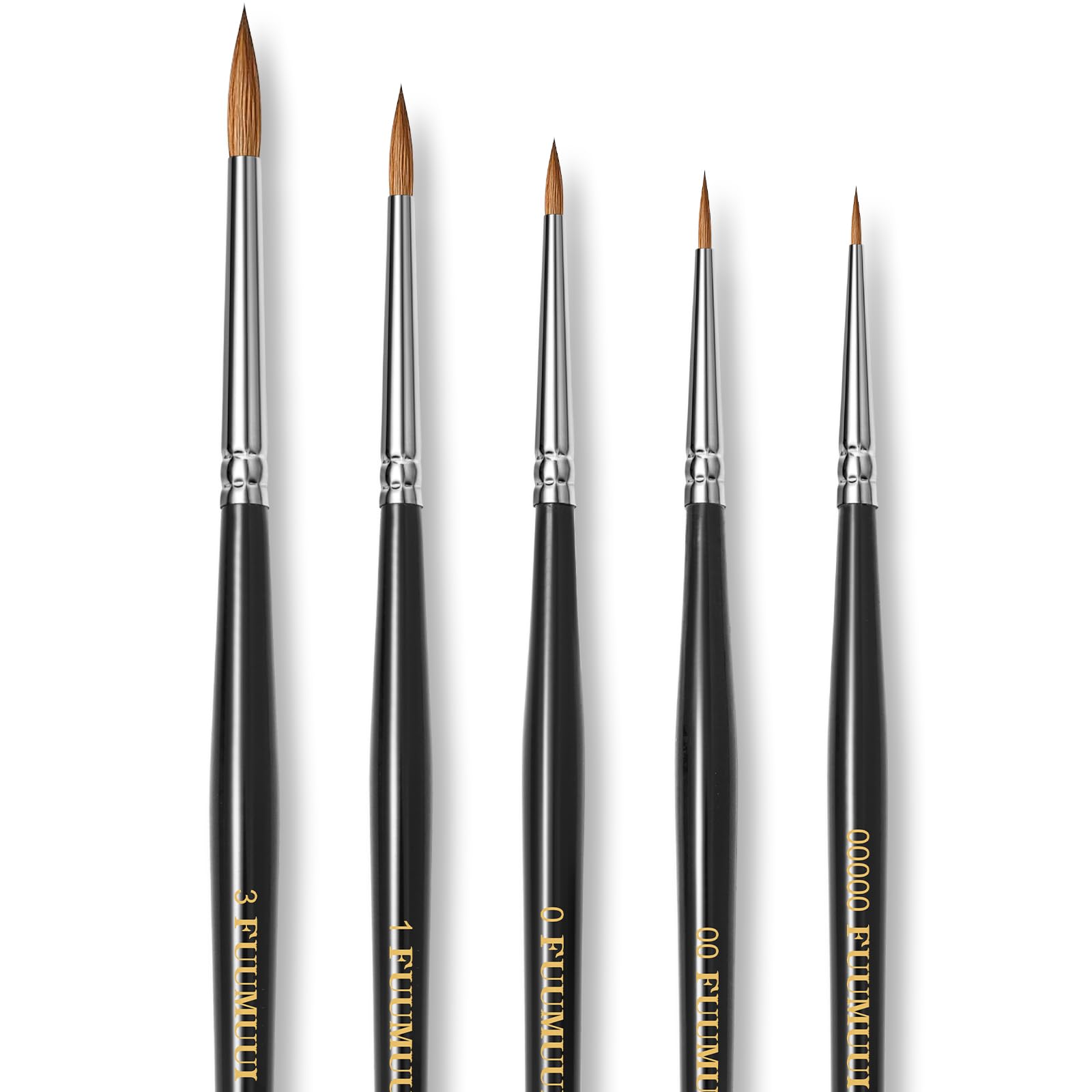 Ensemble de Pinceaux d'artiste Kolinsky Natural Professional - 5 Pinceau Fins dans Les Tailles 5/0, 2/0, 0, 1, 3 pour Aquarelle, Acrylique, Figurines, Miniature, Modélisme, Maquette | Fait Main