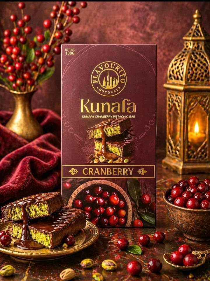 Image of Flavourito Kunafa Cranberry Pistachio Chocolate Bar 100g, Satisfying, Sharp Snap Of Smooth Milk Chocolate that Gives Way to a Creamy, Rich, and Nutty Pistachio (DF) (Cranberry)
