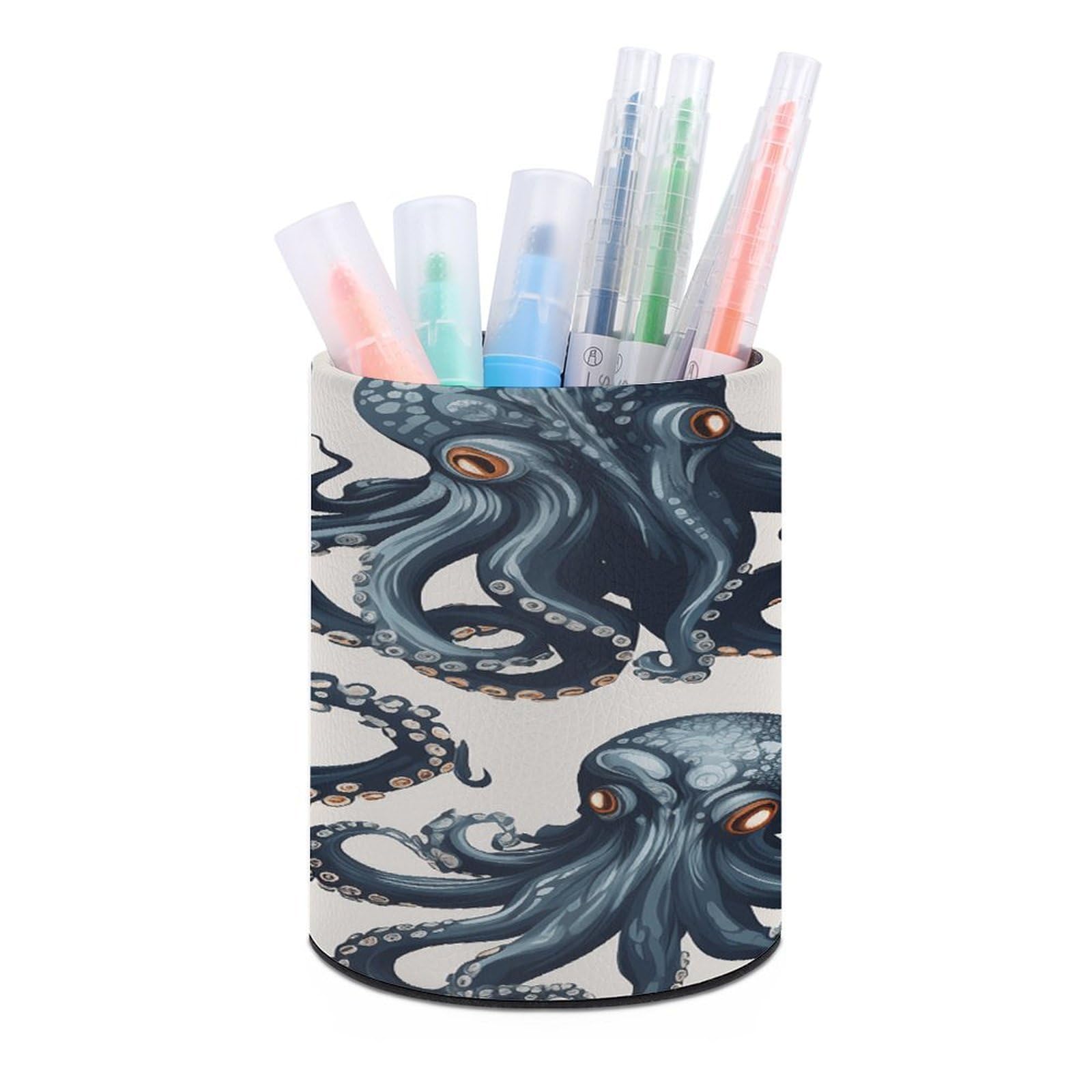 FekiLoot PU Leather Round Pen Holder Octopus Pattern Pencil Holder Desk Organizer Pen Organizer Pen Cup Pencil Cup Caddy Desktop Stationery Organizers for Office Home Supplies