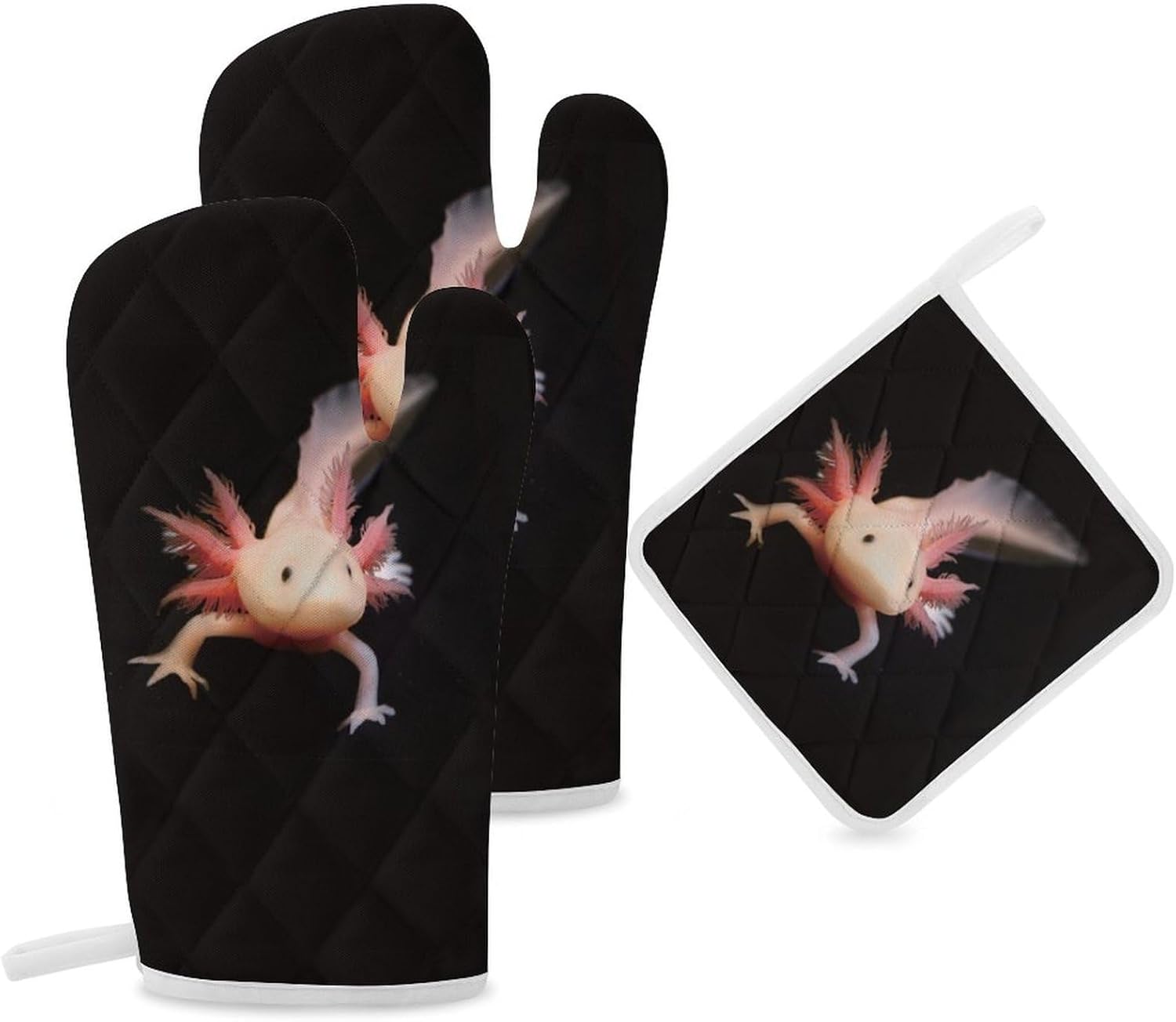Cute Newt Axolotl Print Oven Mitts and Pot Holders 3 Piece Sets Heat Resistant Gloves Hot Pads Potholders for Kitchen Baking Cooking