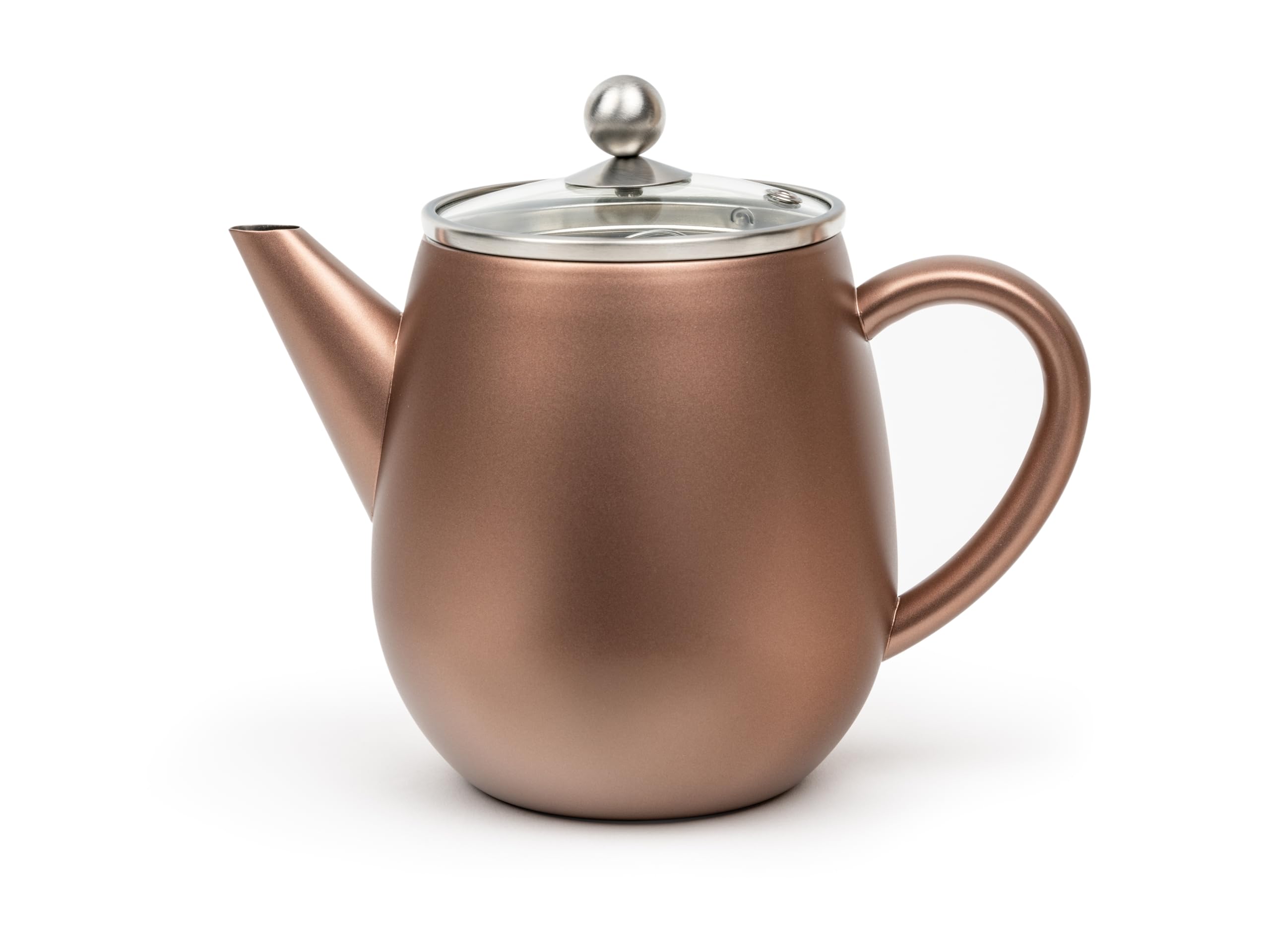 Bredemeijer Double-Walled Stainless Steel Teapot 1.1 litres - Rust-Brown Stainless Steel Jug with Glass Lid and Tea Filter - for Longer, Warm Tea Enjoyment