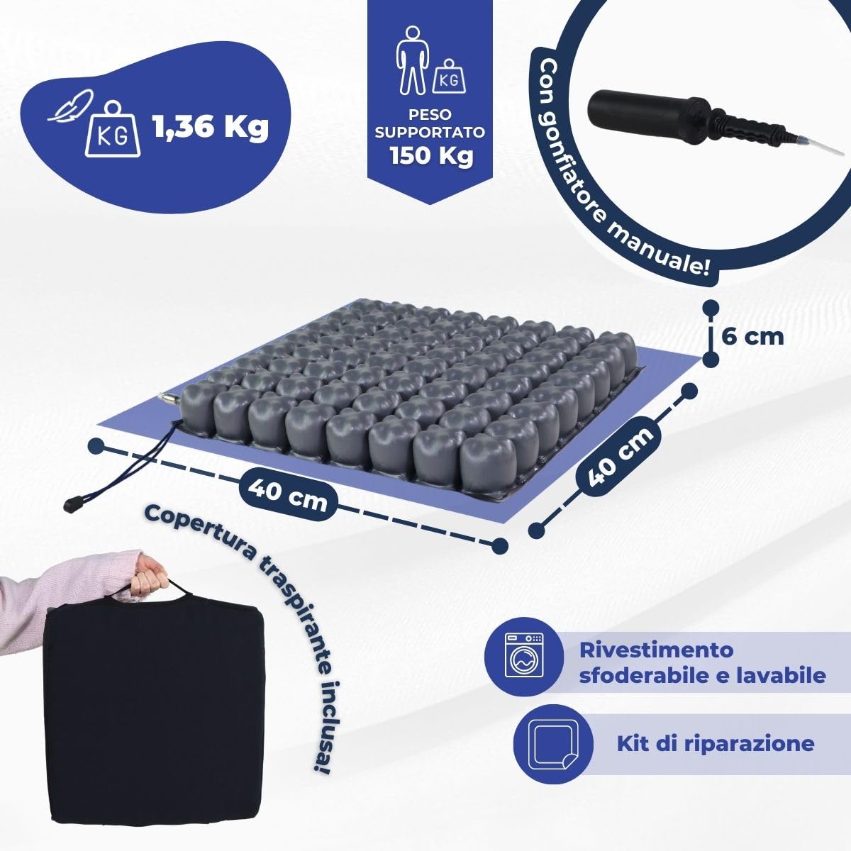 Mobiclinic®, Cuscino D'aria, Antidecubito e Antidecubito, Ideale per Sedie a Rotelle, 40x40x6 cm, Rivestimento Traspirante e Lavabile, Include Pompa e Kit di Riparazione, Q-AIR