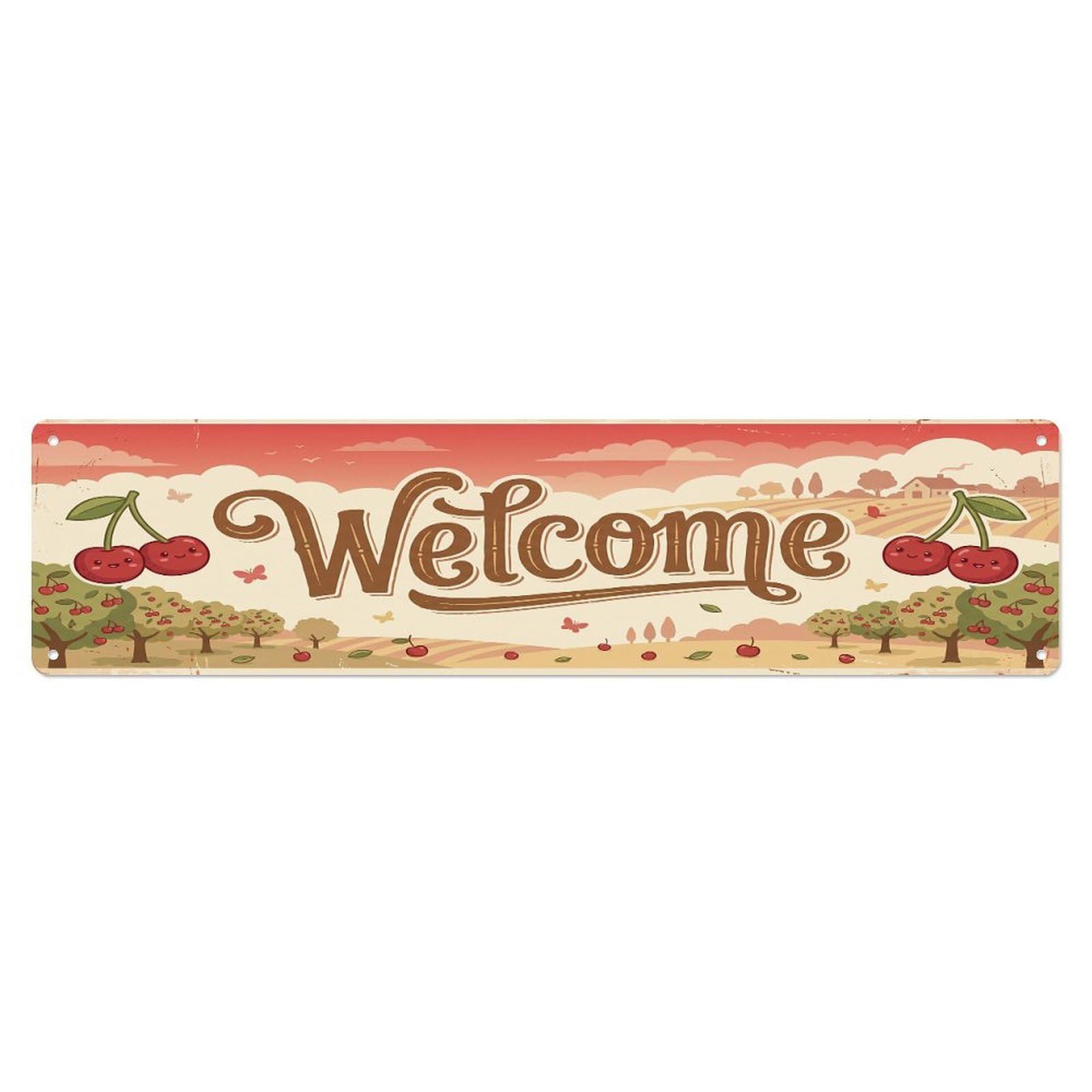 Cxhjca 4X16inch(10X40cm) Vintage Welcome Cherry Sweet Metal Tin Sign
