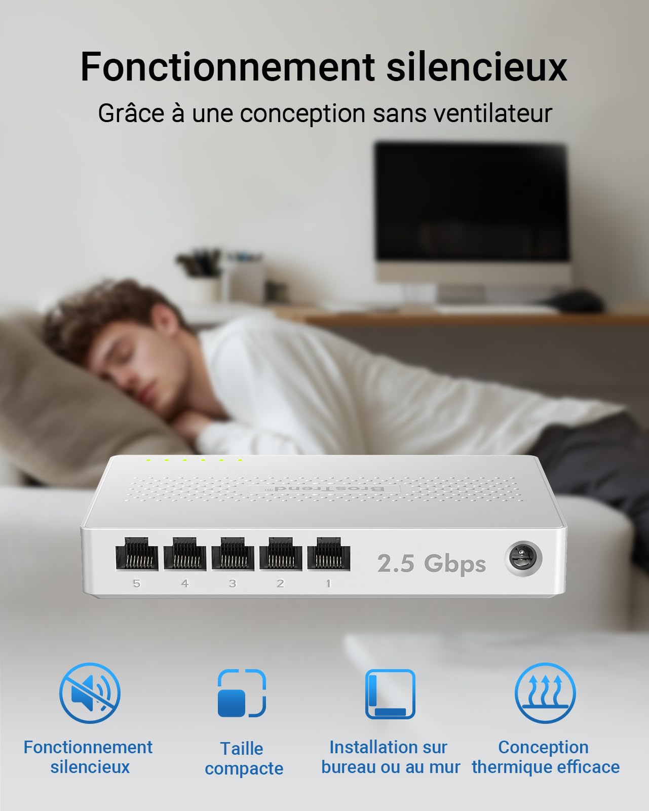 BrosTrend 2.5G Switch Ethernet 5 Ports, Switch RJ45 2.5Gb Unmanaged, 5X 2.5G Base-T Ports, Commutateur Réseau Compatible avec 100/1000/2500Mbps PC NAS, Plug-and-Play sans Ventilateu, Protection à Vie