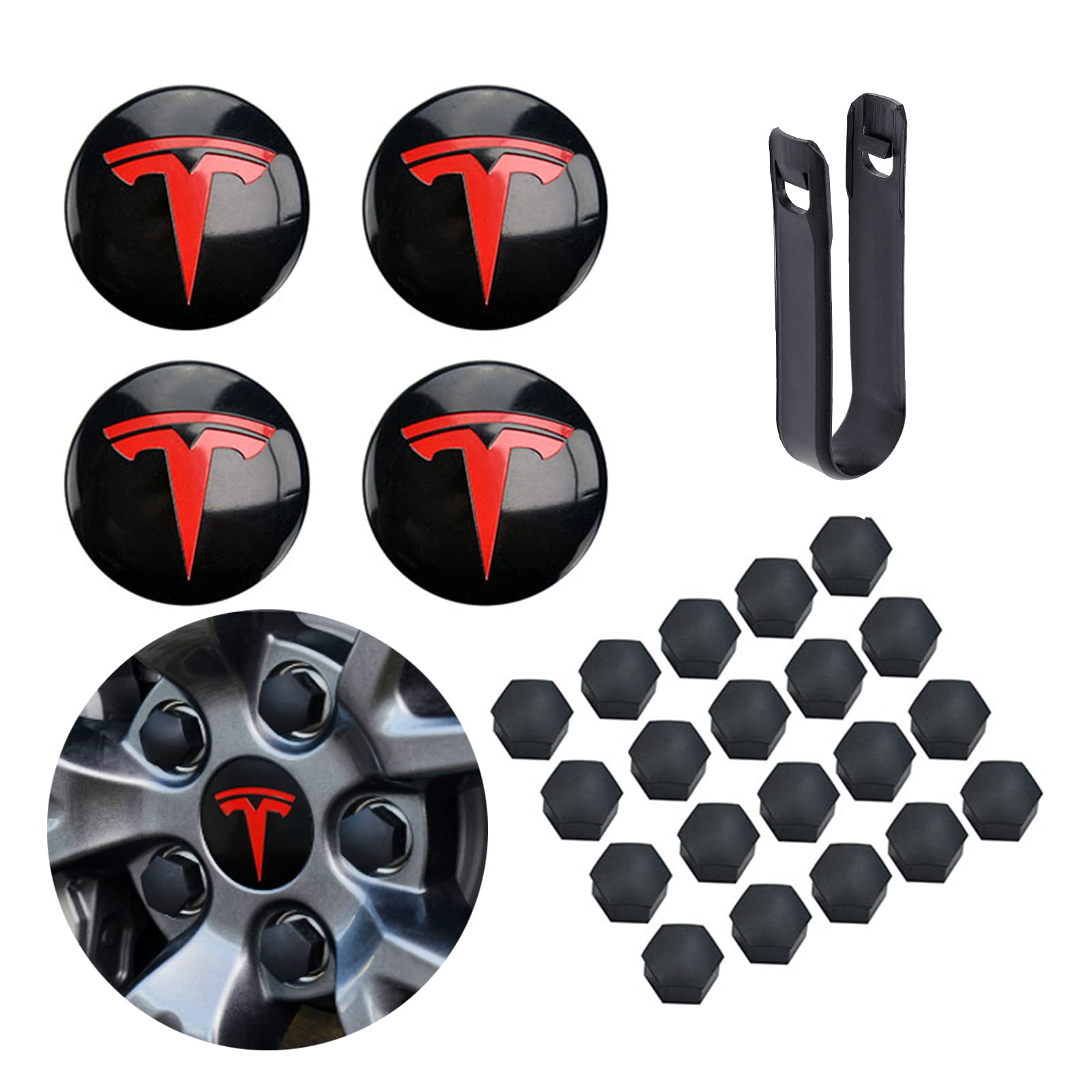 Wheel Center Hub Cap Kit for Tesla Model 3 18" Aero Wheels & Model Y 19" Gemini Wheels (4 Hub Center Cap + 22 Lug Nut Cover) Red Tesla Accessories