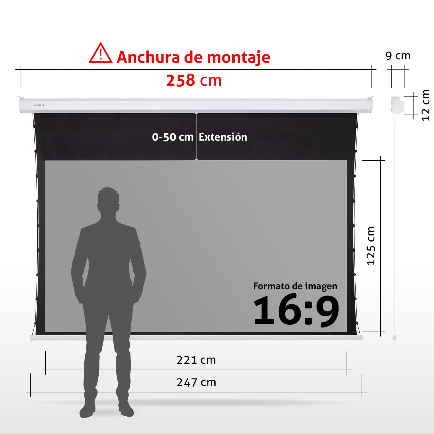 ESMART Profesional TATENSO Pantalla de tensión GRIS para luz diurna 221 x 125 cm (100") 16:9 | Control remoto programable | Pantalla de proyección de proyector eléctrico de cine en casa Tensión LCD LED