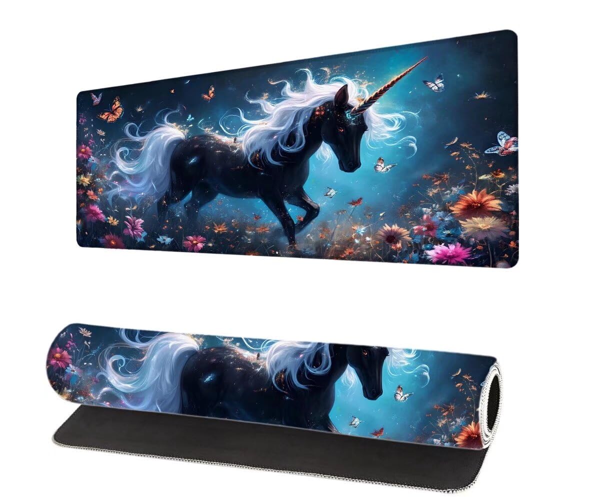 Duża podkładka pod mysz jednorożec, 900 x 400 x 3 mm XXL podkładka pod mysz do gier kwiat, antypoślizgowa podkładka biurowa, wodoodporna podkładka pod mysz i klawiaturę, podkładka pod mysz z szytymi