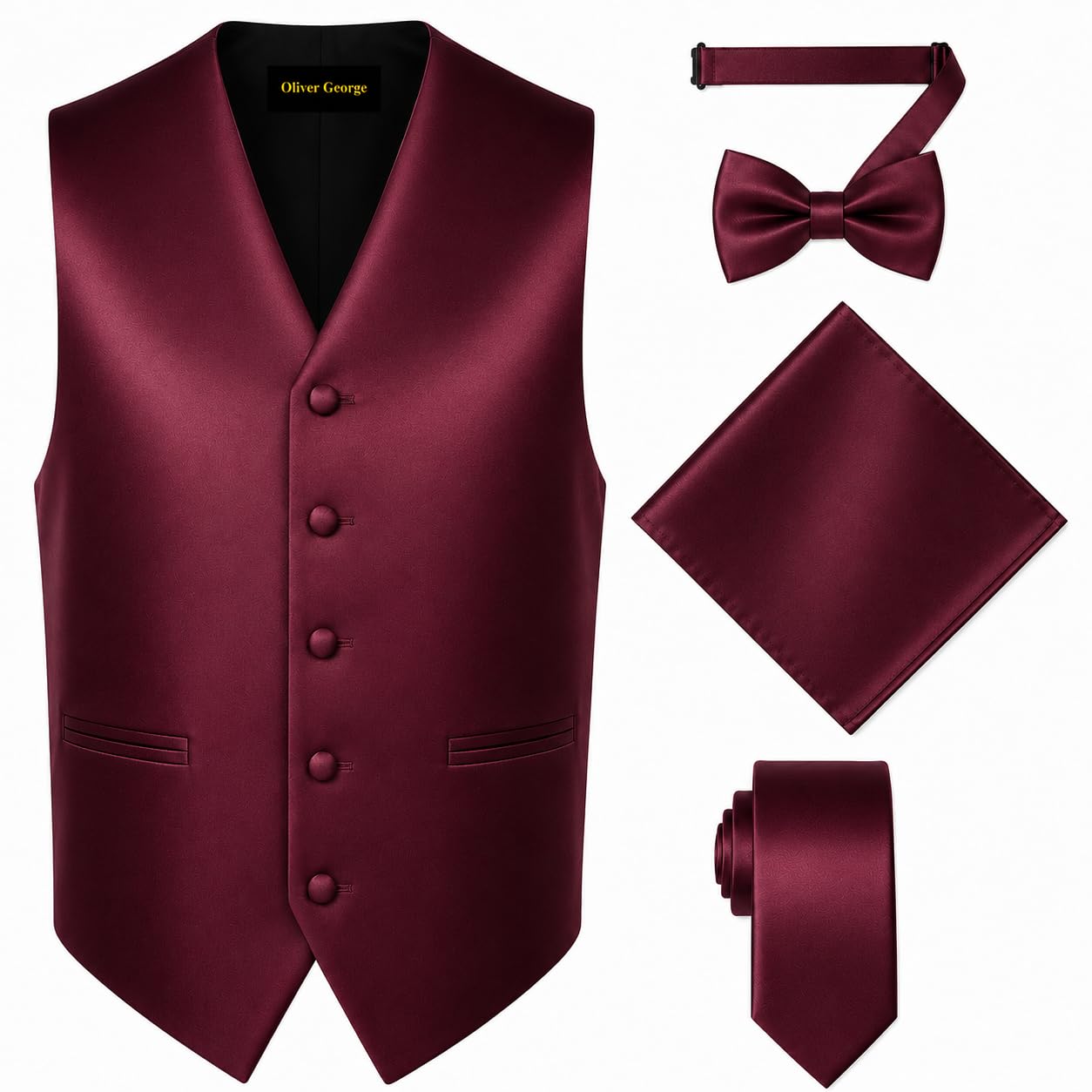 Oliver George 4pc Men's Solid Formal Suit Waistcoat Tuxedo Dress Vest Necktie Bowtie Handkerchief Set for Suit or Tuxedo