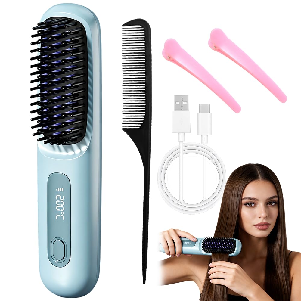 Glättbürste Kabellos, Stylingbürste für Kurze Haare Langes, kabellose Glättbürste Mit Led Anzeige Und 3 Wärmestufen, Haarglätter Bürste Kabellos für Reisen Täglichen Gebrauch
