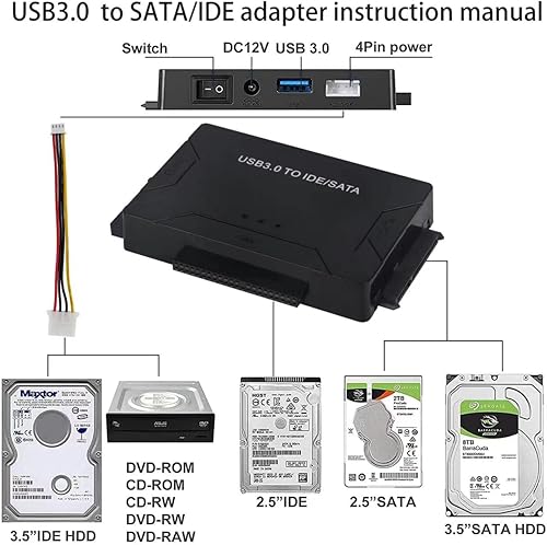 Miniatura 3 de Adaptador de disco duro USB 3.0 a IDE/SATA, convertidor externo para unidad óptica IDE SATA HDD SSD DVD, lector universal de disco duro con fuente