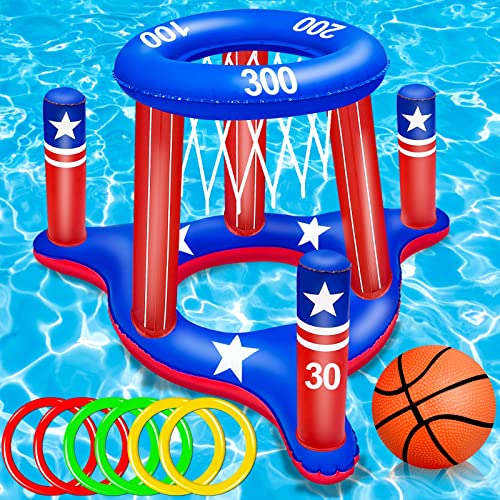 American Flag Pool Toys Games For Kids Adult 2-In-1 Floating Basketball Hoop Inflatable Cross Ring Toss Games Set Summer Swimming Pool Water Games Toys #TOP30