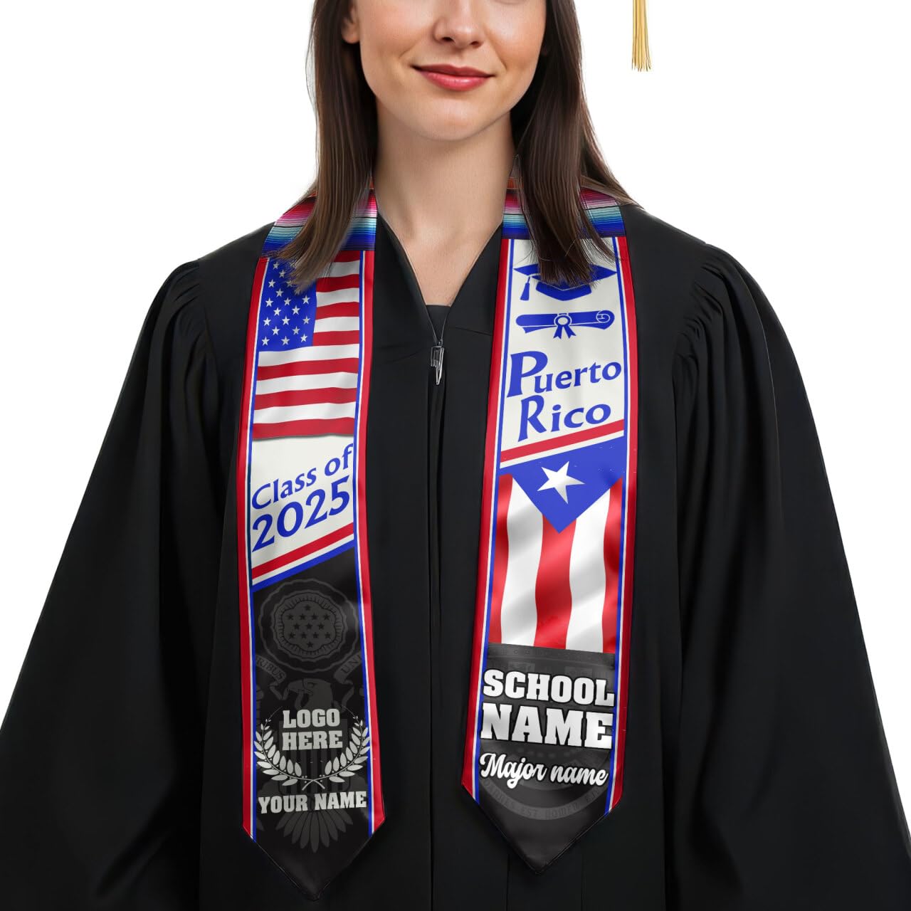 MonkeyVan Personalized Graduation Stole for Puerto Rican Senior, Puerto Rico Flag Graduation Sash Class of 2025 Gifts S171