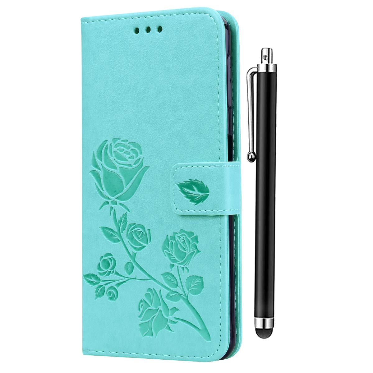 TANYO Etui kompatybilne z Samsung Galaxy A40, elegancki i piękny wzór reliefowy, stylowy skórzany portfel etui, zamknięcie magnetyczne i etui z klapką, zielone + 1 rysik