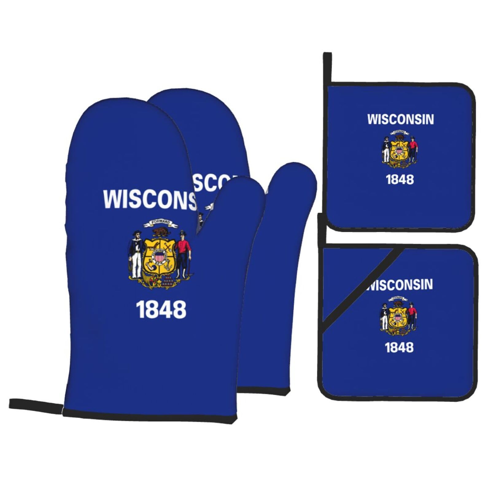 Wisconsin State Flag Print 4-Piece Oven Microwaving Set Waterproof Kitchen Gloves for Baking Grilling Cooking