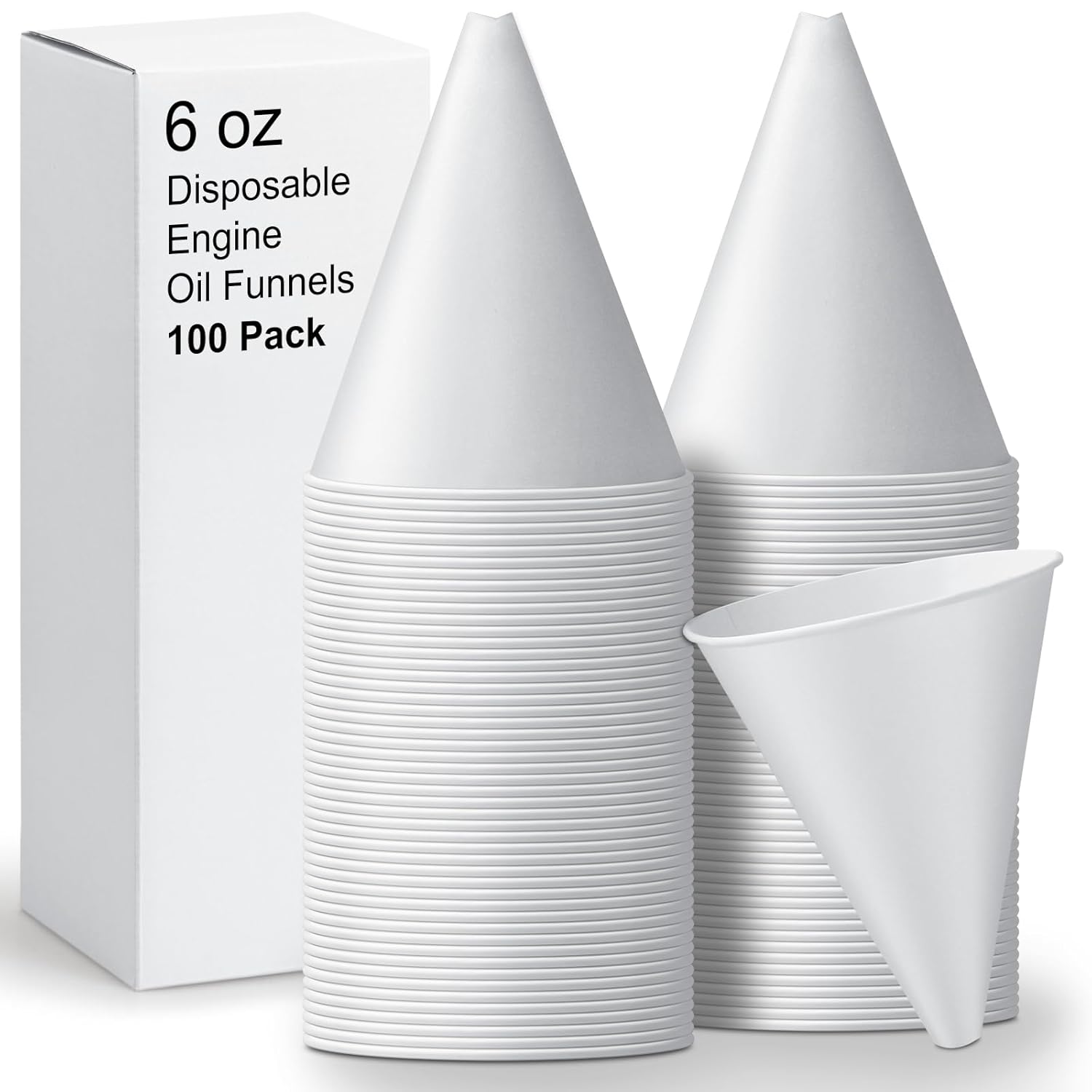 Draupnir 100 Pack 6oz Disposable Paper Oil Funnels - Spill-Proof for Engine Oil, Washer Fluid, Gas - Automotive Garage Must-Have