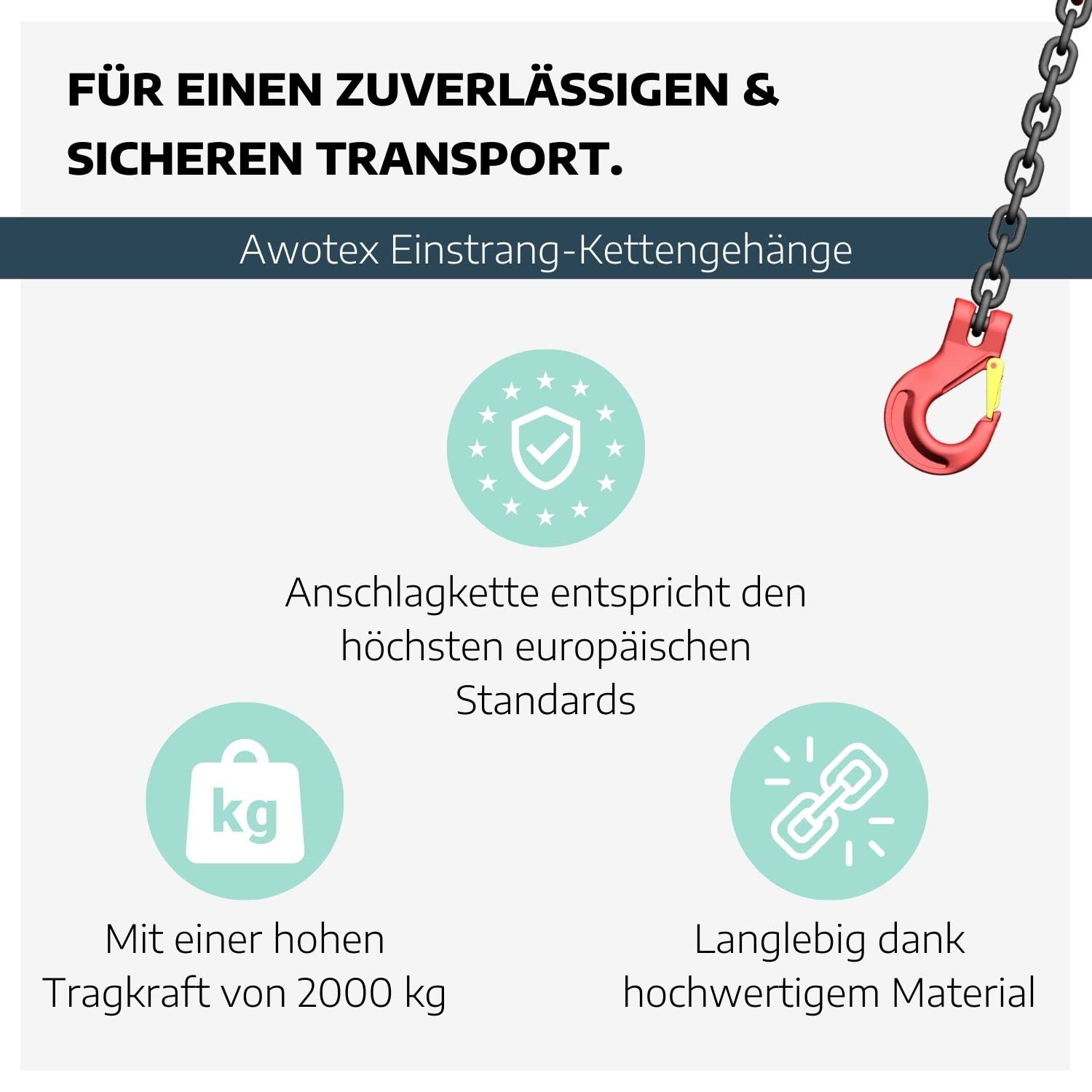 Einstrang-Kettengehänge 8 mm GK 8 I 1 m Lange Anschlagkette für die Baustelle I Bagger-Zubehör I Traglast 2000kg nach EN818-4 I Kettengehänge 1-Strang I Baustellen Werkzeug