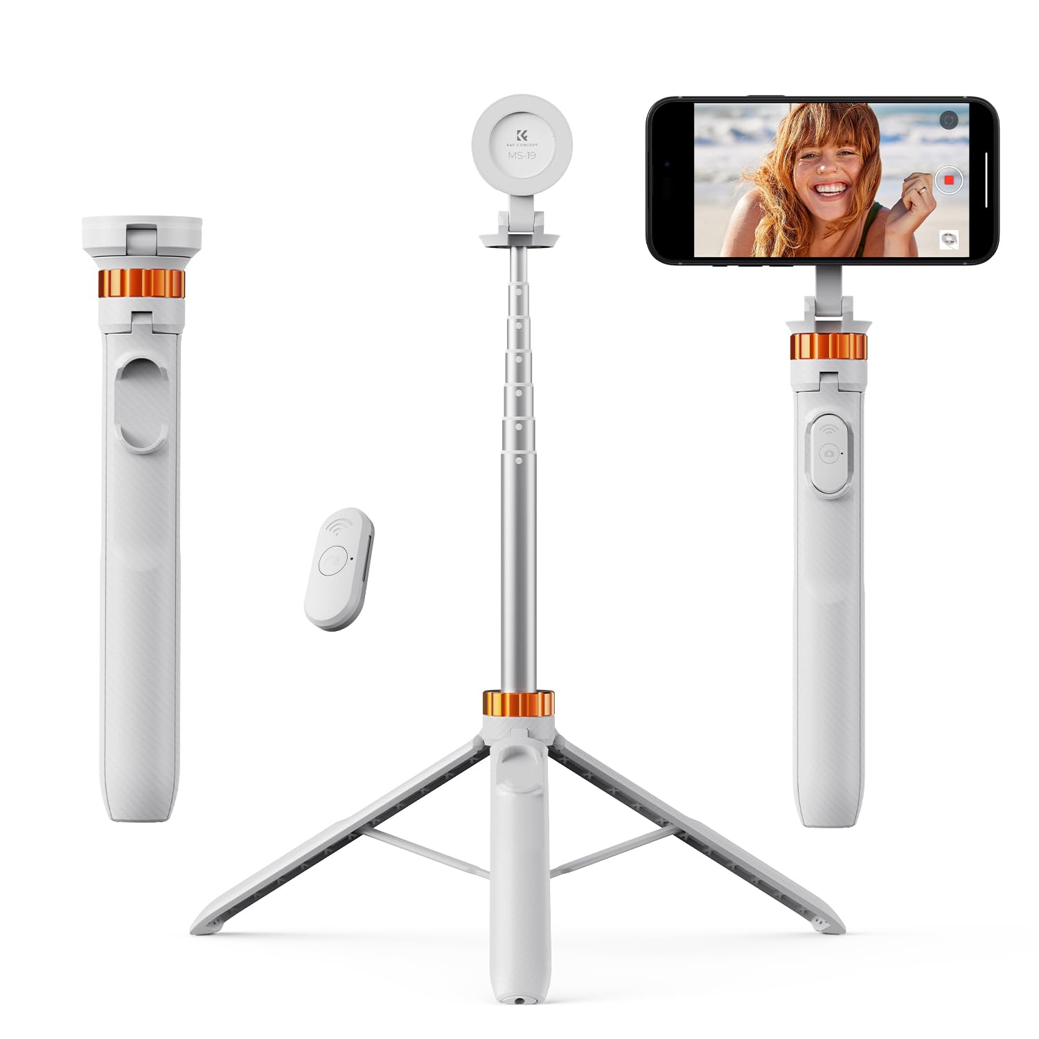 K&F CONCEPT MS19 Magnet Selfie Stick,162CM Handy Stativ mit Abnehmbarer Fernbedienung, Stativ für Smartphone, Mini-Stativ Kompatibel mit iPhone Samsung und Android Handys(Weiß)