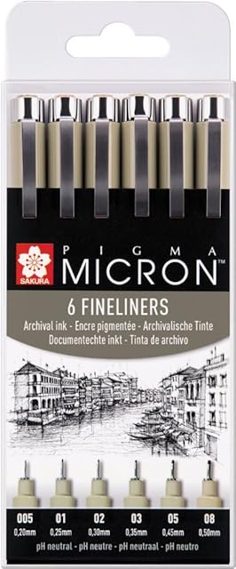 Pigma Micron 6 Fineliners, Pack of 6