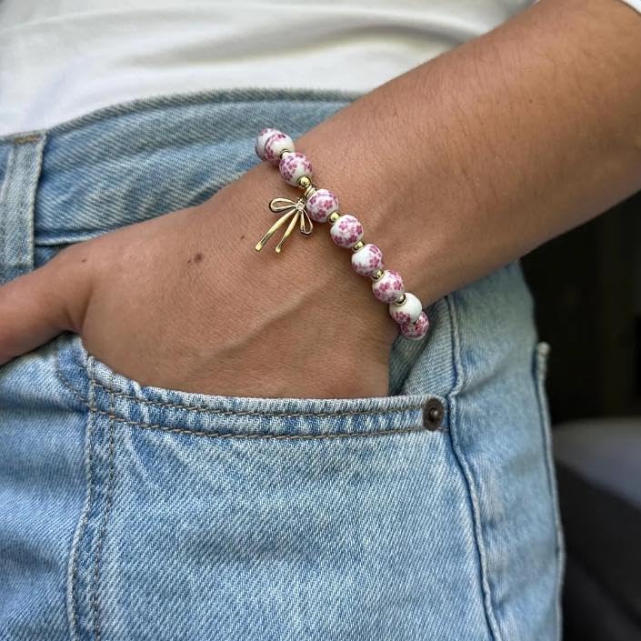 Bow Bracelet Necklace Set 14K Gold Beaded Bracelet Dainty Bow Pendant Choker Jewelry Gift Set2