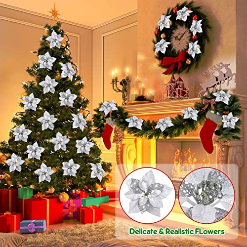 20 Packs Silver Poinsettia Artificial Flowers For Christmas Tree Decorations Ornaments Set Large 7.8In Faux Glitter Flowers Christmas Decorations For Home Tree Garland Wreath Winter Party Xmas Decor #TOP3