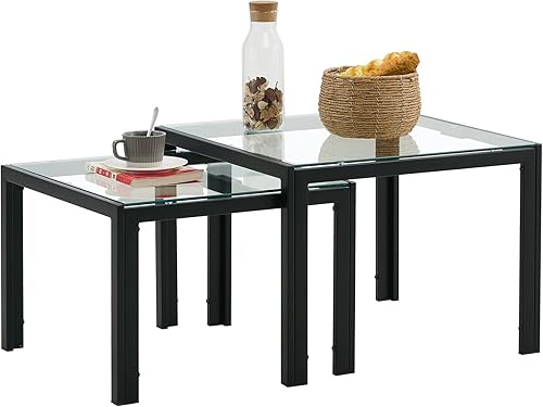 Miniatura 5 de CNPRAZ Nesting Coffee Tables Set of 2 Square Modern Stacking Tables with Tempered Glass Finish for Living Room Space Saving Versatile Transparent