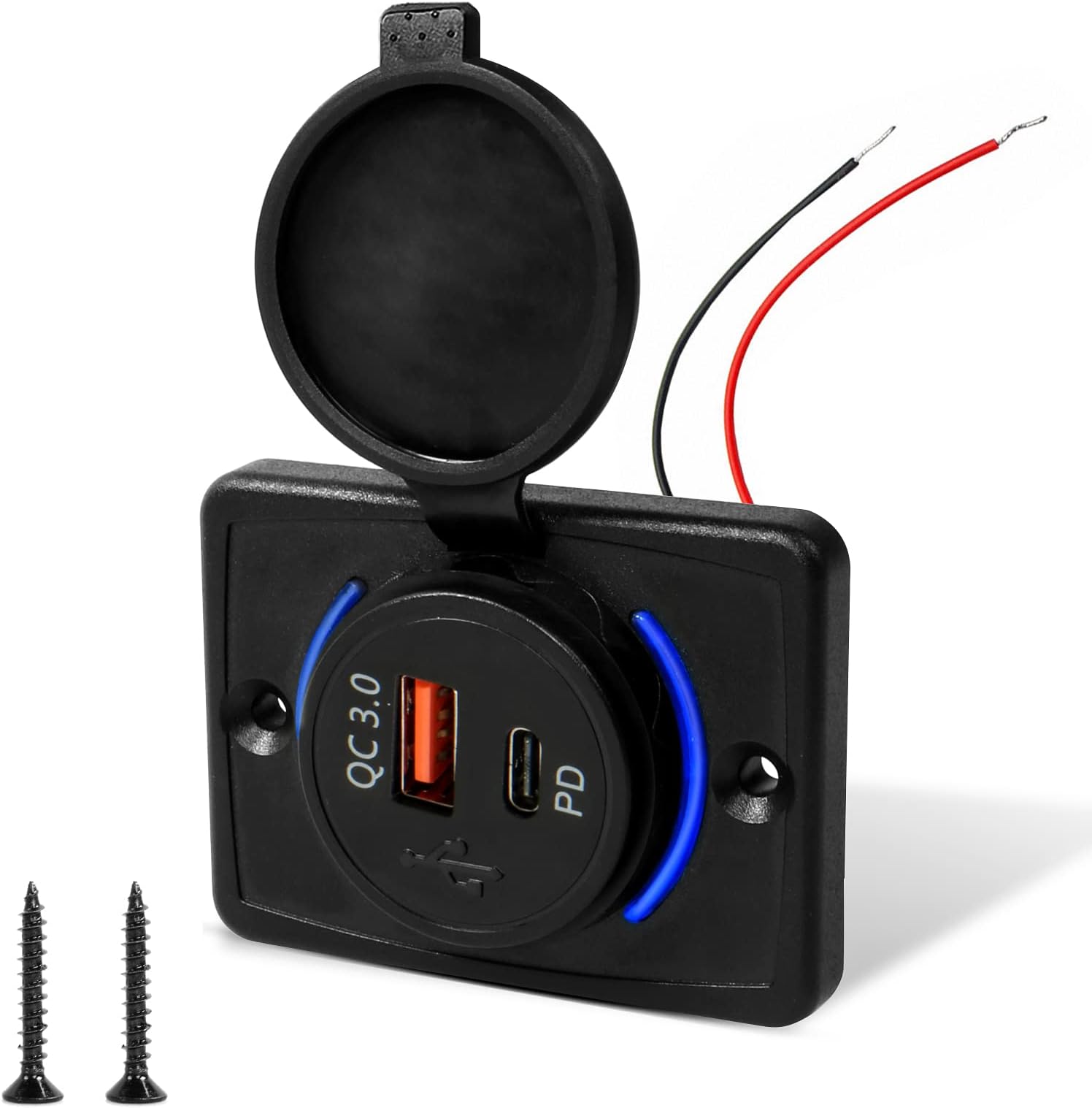 LURICO USB Charger Socket, 18W PD+QC3.0 Fast Charging, USB Type-A & Type-C Fast Car Charger Panel, 12V/24V Waterproof USB Charger Socket with LED, for Car Bus Camping Car Boat