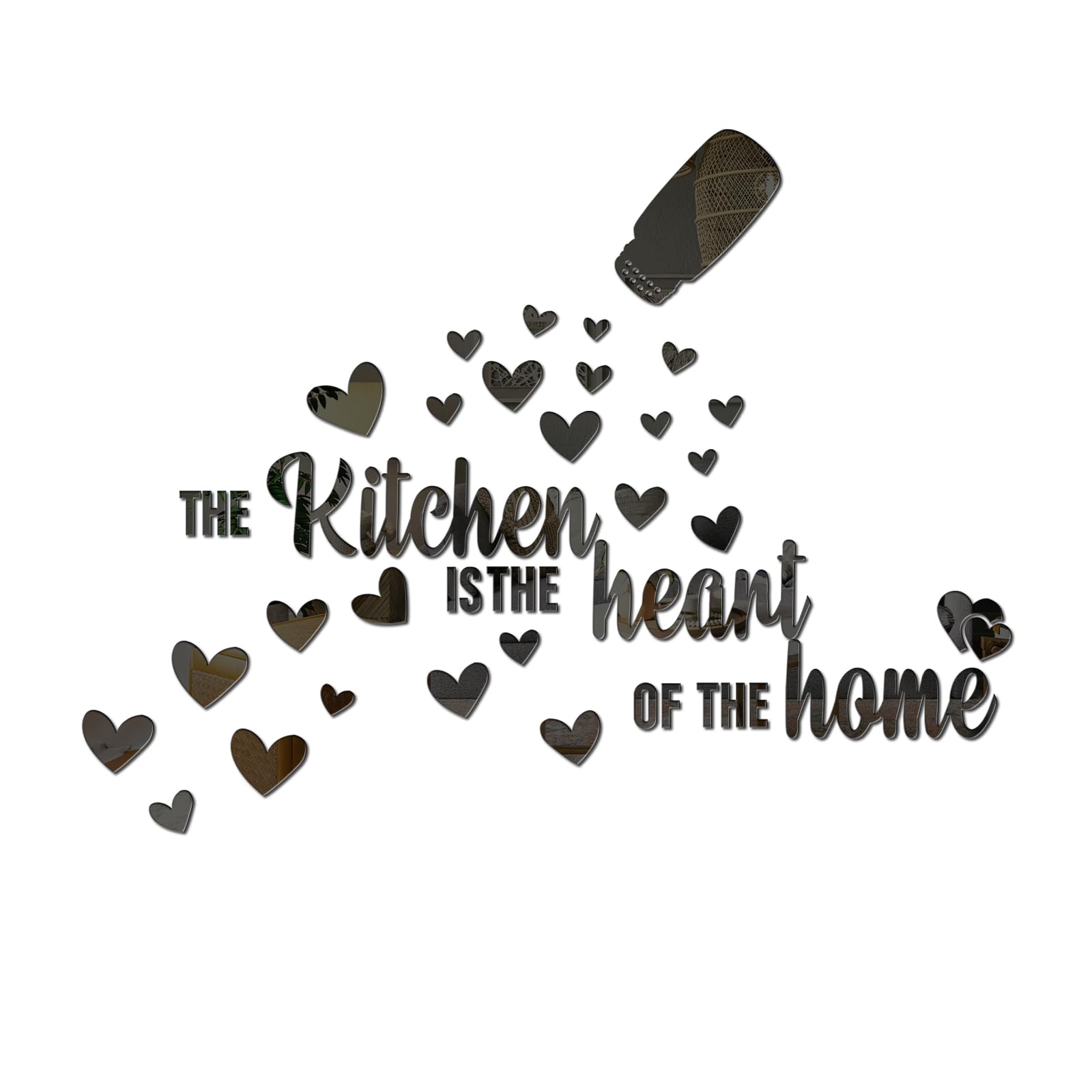 Wumuzai Black The Kitchen Is The Heart Of The Home Mirror Wall Sticker, Acrylic Kitchen Wall Decal, Peel And Stick Inspirational Quotes Decor Art Mural Saying For Family Dining Living Room (Black)
