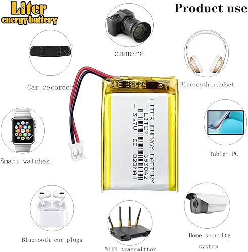 Miniatura 5 de Batería recargable del ion del polímero de litio de la batería del litro 3.7V 820mAh 653042 Lipo con el conector JST 6.6 ft m
