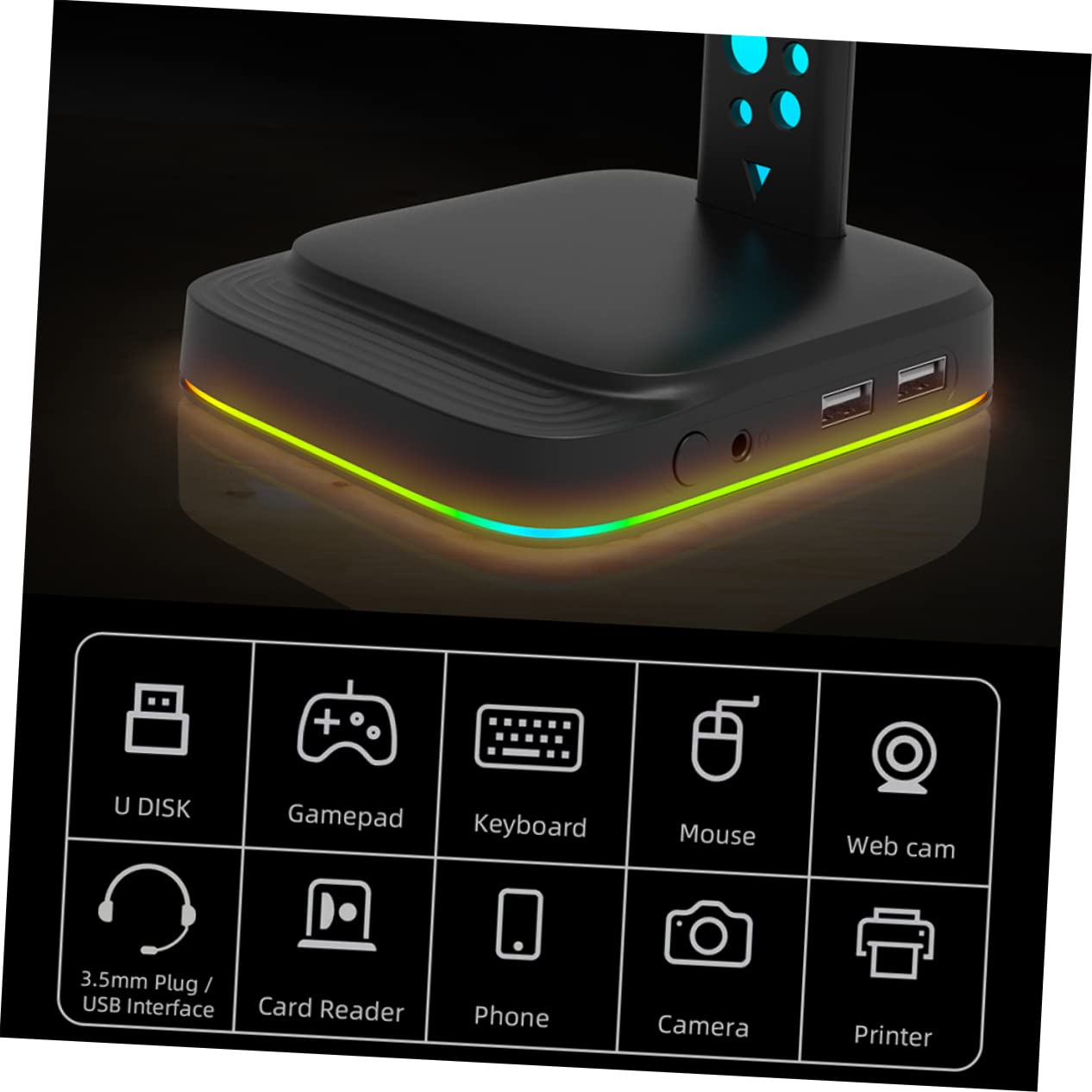 UKCOCO Supporto per Cuffie LED Hub USB Design da Tavolo Interfacce di Input e Output per Uso Multiuso Computer