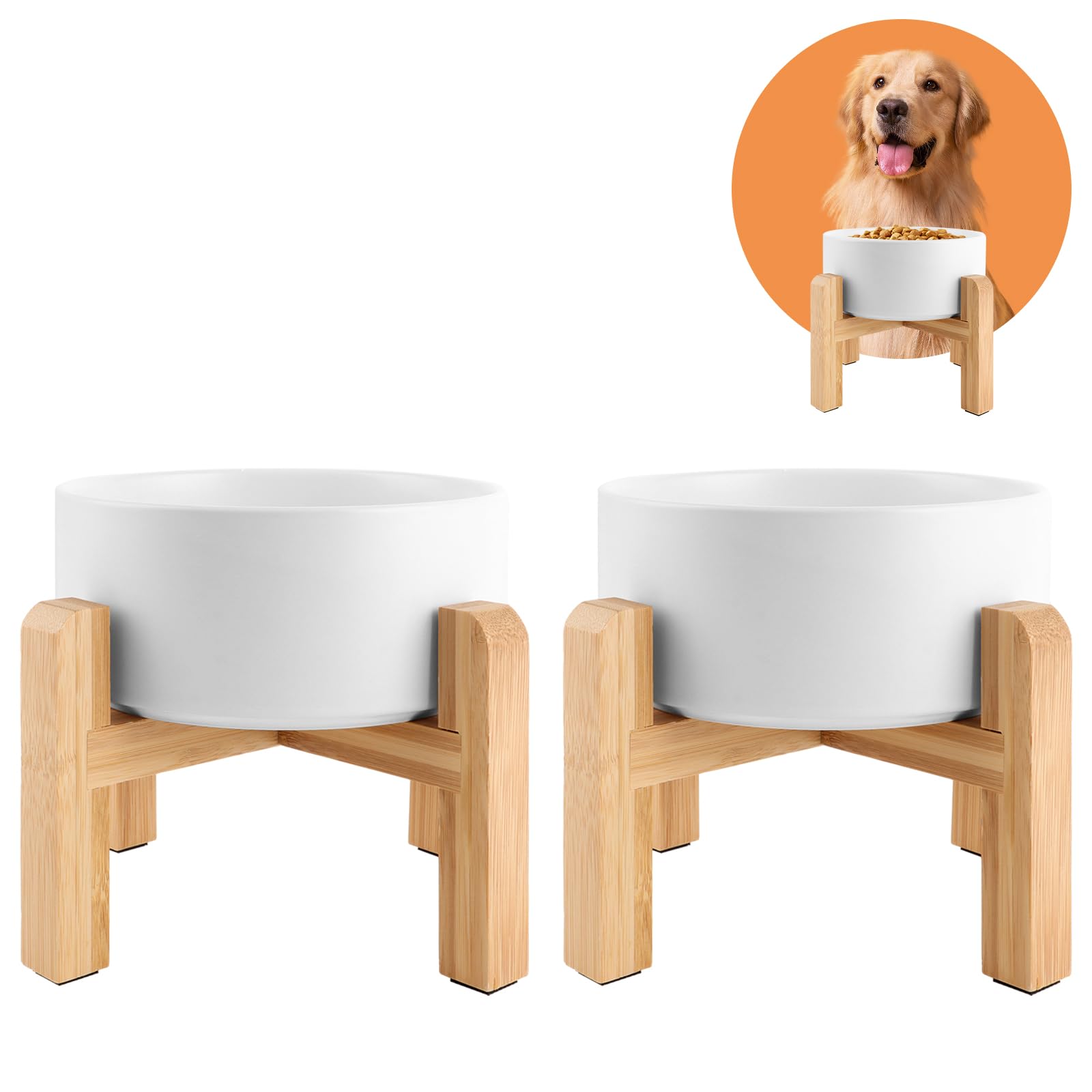 Oungy Ceramic Raised Dog Bowl with Bamboo Stand - 2 Pack with Non-Slip Mat, Ceramic Dog Bowl for Dogs and Cats (850ml, White)