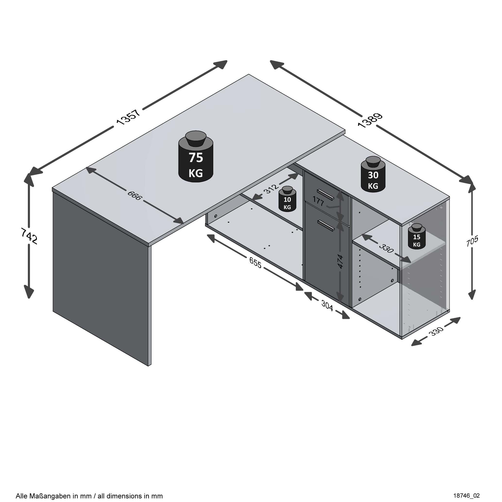 FMD Möbel, 353-001 Lexo Schreibtisch-Winkelkombination, eiche, Tisch maße 136.0 x 75.0 x 68.0 cm, Regal maße 137.0 x 71.0 x 33.0 cm (BHT)