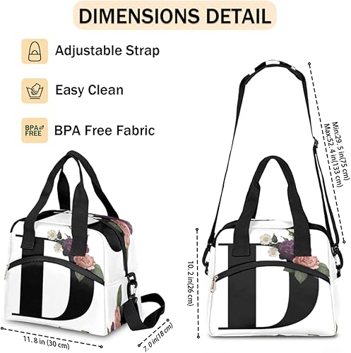 Miniatura 4 de Bolsa de almuerzo aislada para mujeres y hombres, con letras D florales, grande, reutilizable, a prueba de fugas, bolsa de almuerzo con correa