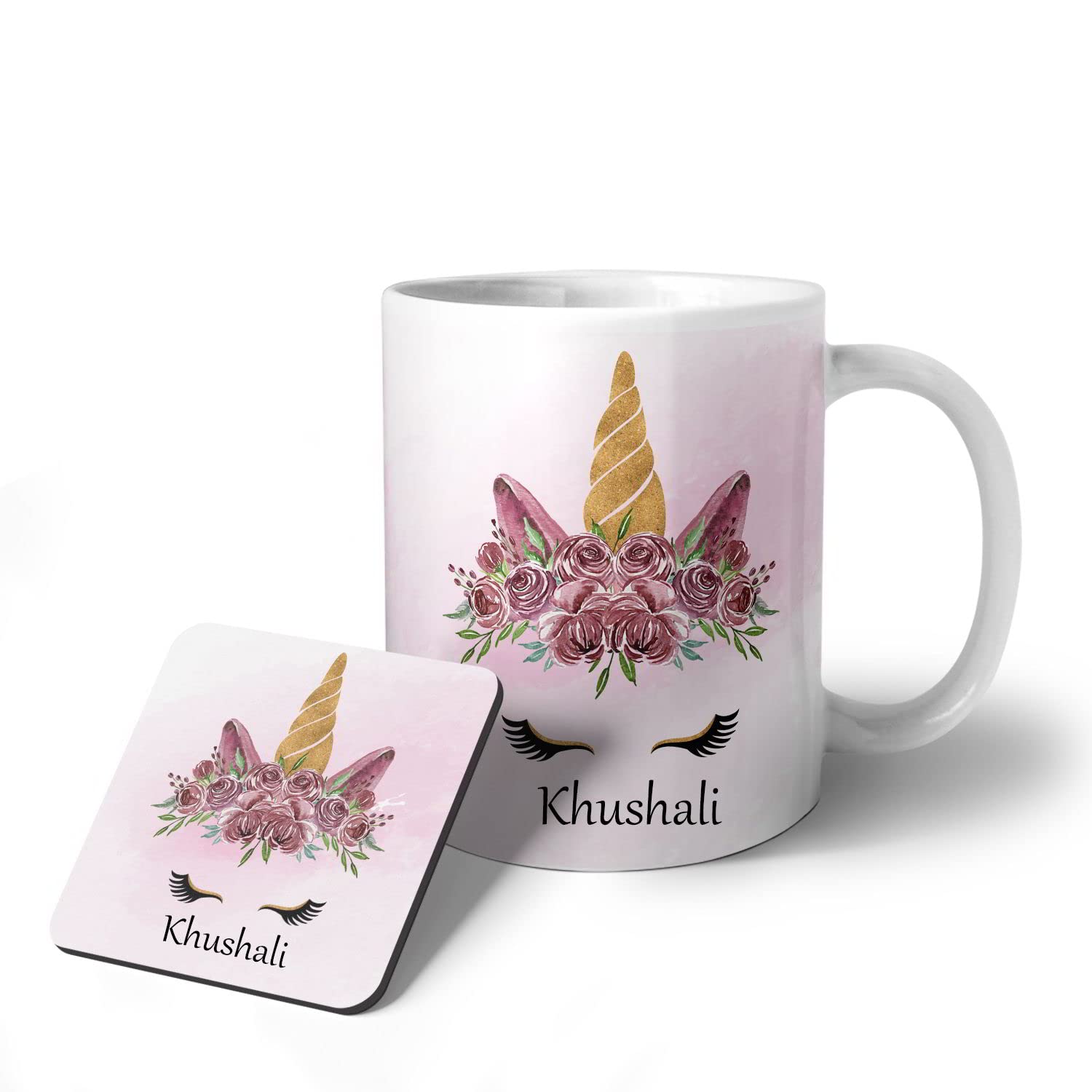 ASHVAH Unicorn Khushali Name Ceramic Coffee Mug and Coaster Combo Gift (Pack of 2) for Daughter, Sister, Wife, Name -Khushali