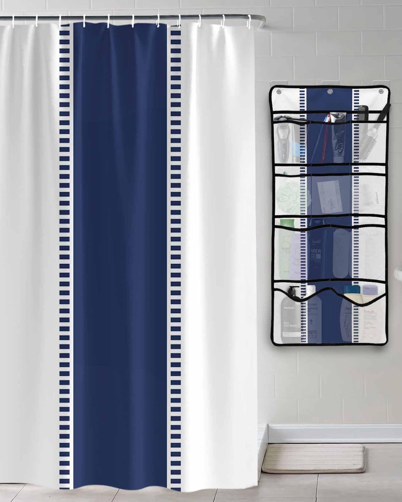 Shower Curtain Mesh Shower Organizer Hanging Set Navy Blue Solid Color Stripe Waterproof Shower Curtains with 10 Pockets