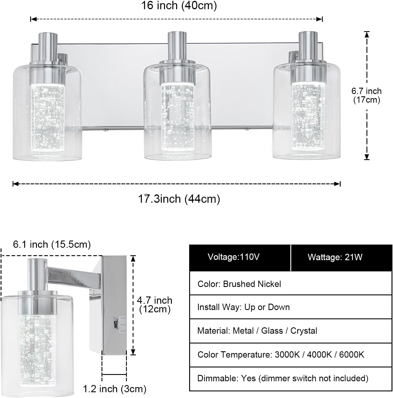 sinerise vanity light with 3 color modes (3000k/4000k/6000k), eye protection led bathroom light fixture, dimmable modern wall light over mirror with clear glass shade (chrome, 3-light) 3-light chrome