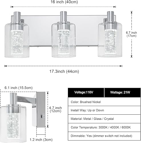 Miniatura 2 de SineRise Lámpara de tocador con 3 modos de color (3000 K4000 K6000 K), lámpara LED de baño con protección ocular, luz de pared moderna regulable