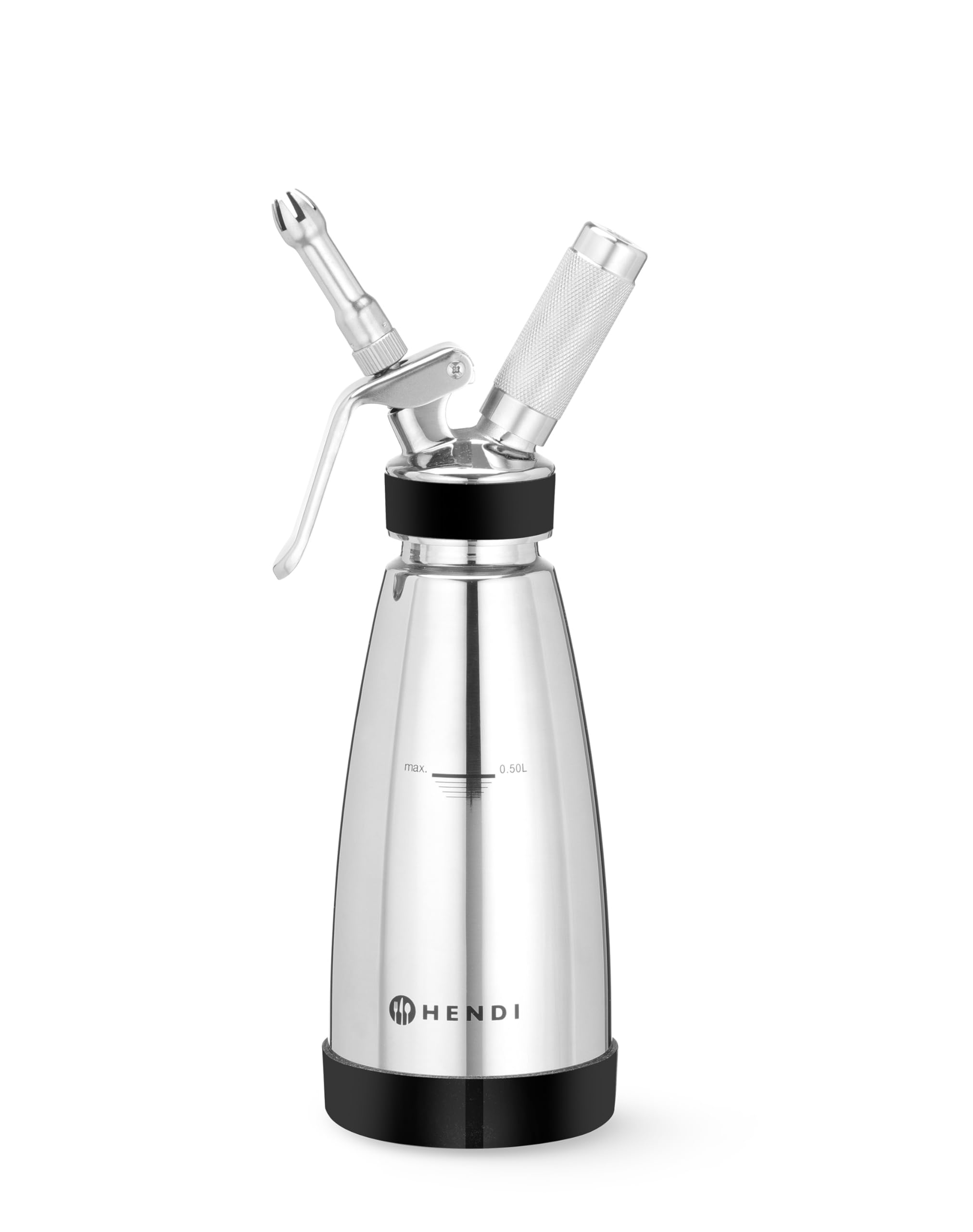 HENDI Sifone da cucina a doppia parete – 0,5L – Per panna montata, mousse, salse calde e fredde – 3 beccucci, spazzolino per la pulizia – ø95x(H)275mm – Acciaio inox