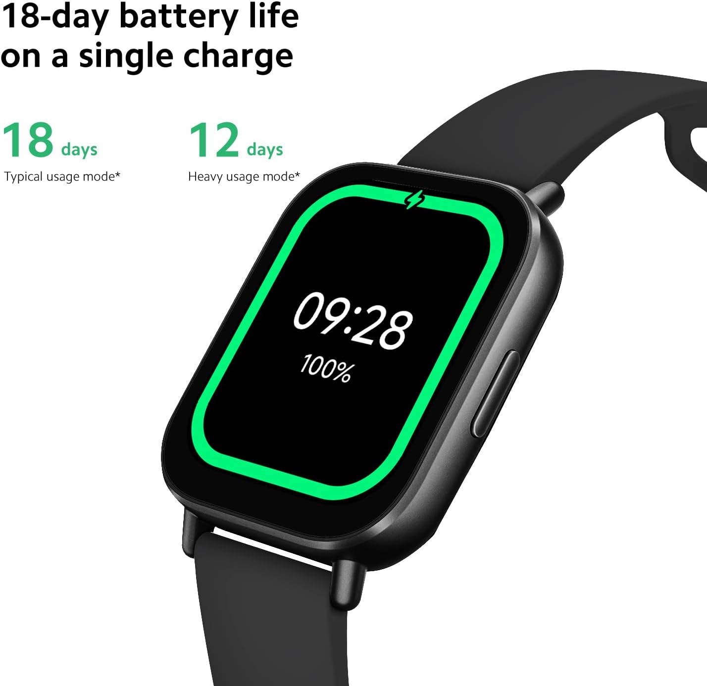 Xiaomi Redmi Watch 5 Active on a wrist, displaying battery percentagicona de càrrega i e.