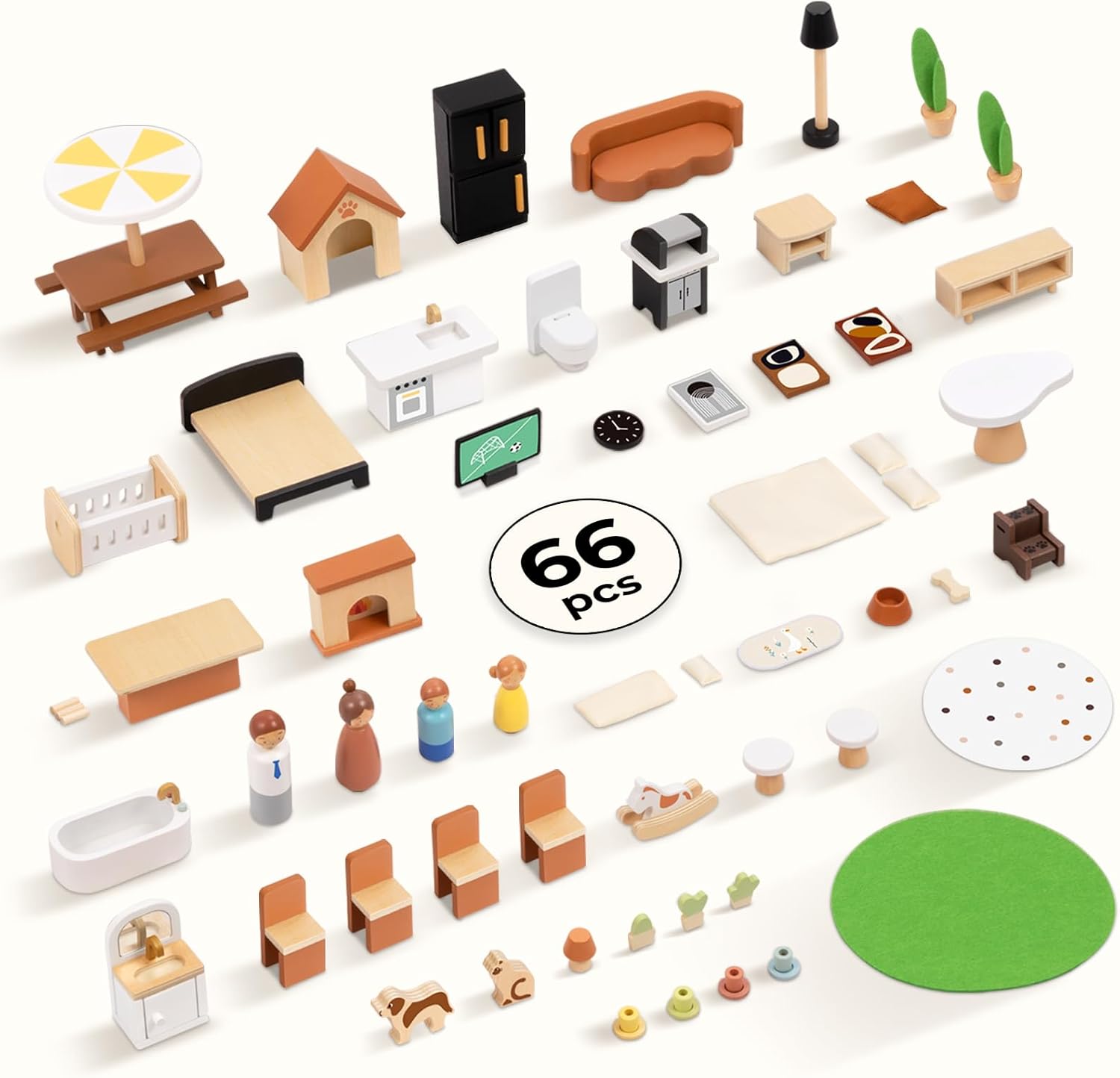 OOOK Wooden Dollhouse, Modern Doll House with 66Pcs Luxurious Furniture Accessories, Including Dolls and Pet Sets, Wood Dollhouse Toy for Boys and Girls 3+